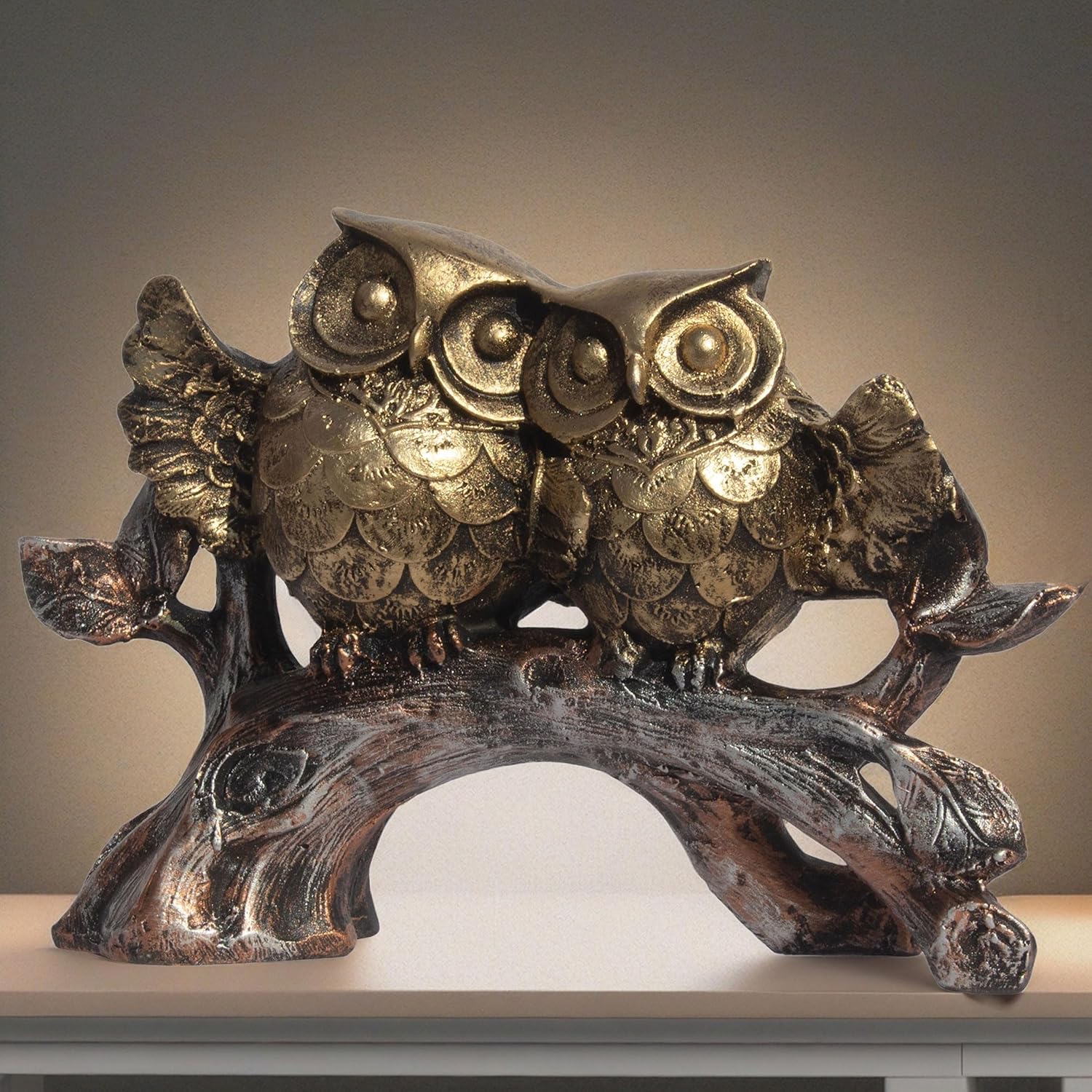 The Two Owls on a Bark Showpiece - Polyresin Owl Statue for Home, Living Room Decor, Study Table and Office (2 Owls on Branch)