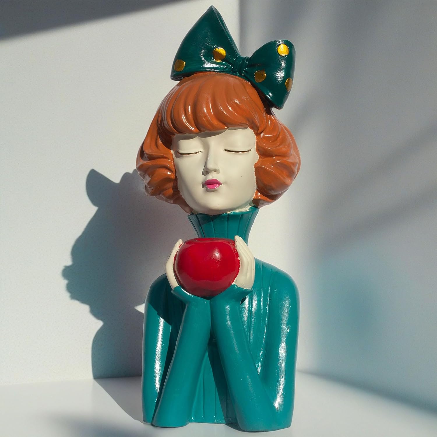 Elegant Resin Girl Figurine with Apple - Art Deco Inspired Home Accent Living Room Tabletop Decorative Item Showpiece (Green, Vintage Lady) — photo — 4 of 7