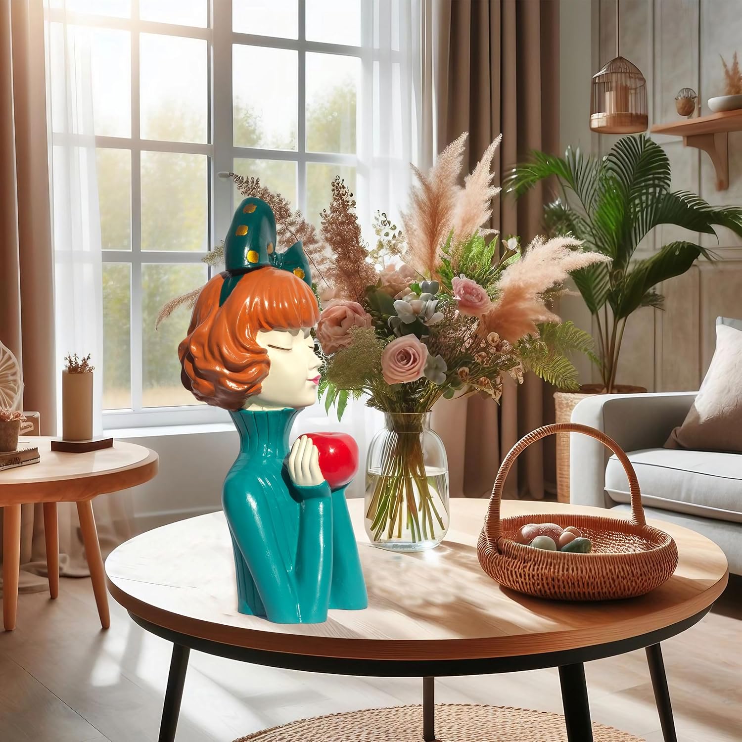 Elegant Resin Girl Figurine with Apple - Art Deco Inspired Home Accent Living Room Tabletop Decorative Item Showpiece (Green, Vintage Lady) — photo — 3 of 7
