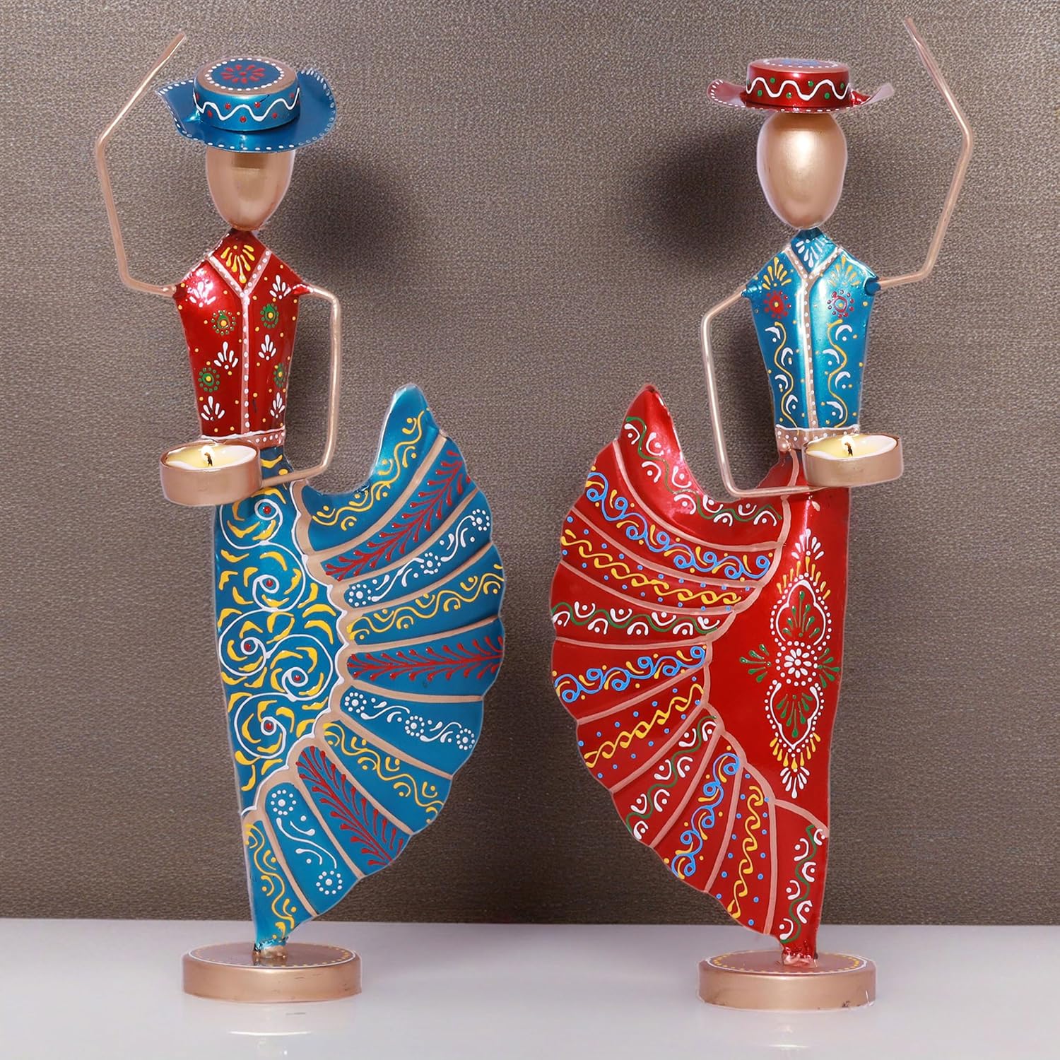 Colorful Dancers Iron Showpiece with Tealight Candle Holder - Decorative Figurine for Home, Celebratory Gift for Anniversary, Festivals & Weddings (Mariachi Dancers)