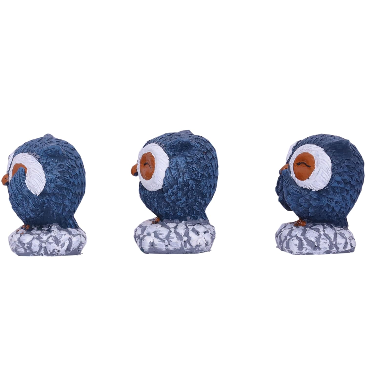 Charming Trio of Wisdom Owls - Hand-Finished Deep Blue Decorative Figurines with Textured Plumage - Perfect for Bookshelf, Desk, Home Decor - Symbolic Artisanal Owl Statues — photo — 4 of 8