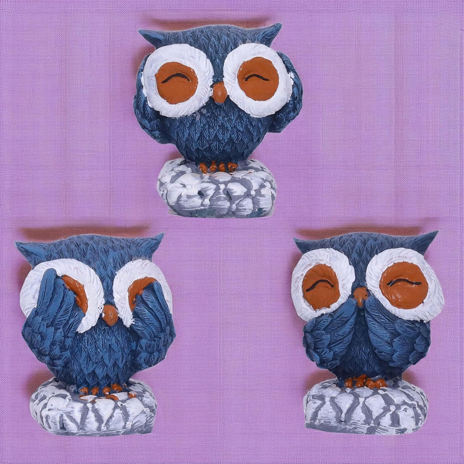 Charming Trio of Wisdom Owls - Hand-Finished Deep Blue Decorative Figurines with Textured Plumage - Perfect for Bookshelf, Desk, Home Decor - Symbolic Artisanal Owl Statues — photo — 3 of 8