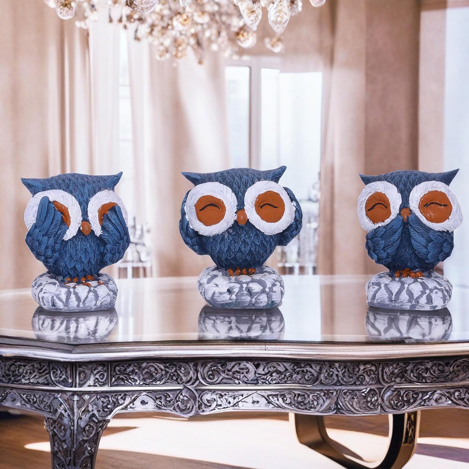 Charming Trio of Wisdom Owls - Hand-Finished Deep Blue Decorative Figurines with Textured Plumage - Perfect for Bookshelf, Desk, Home Decor - Symbolic Artisanal Owl Statues — photo — 7 of 8