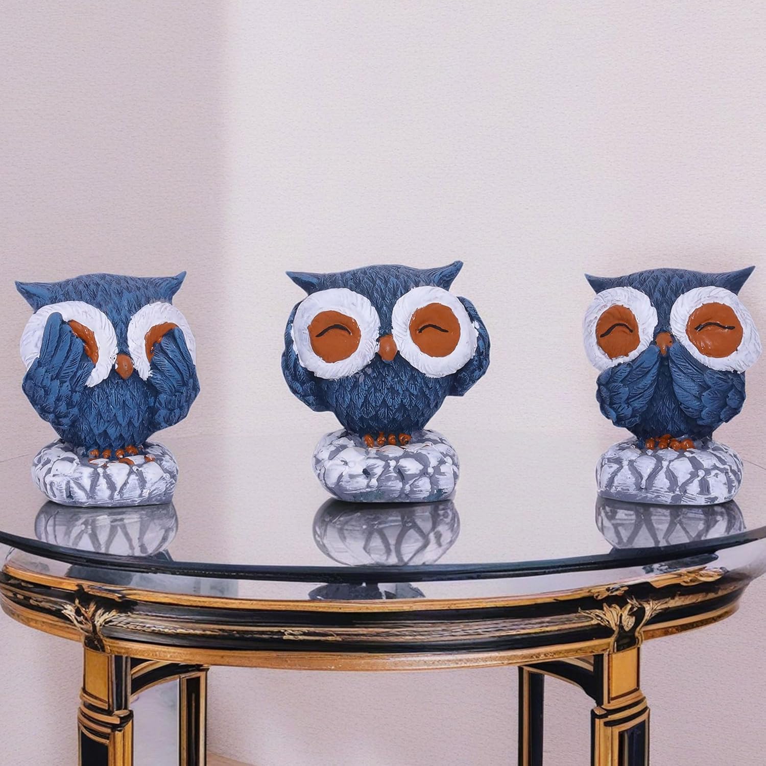 Charming Trio of Wisdom Owls - Hand-Finished Deep Blue Decorative Figurines with Textured Plumage - Perfect for Bookshelf, Desk, Home Decor - Symbolic Artisanal Owl Statues — photo — 2 of 8
