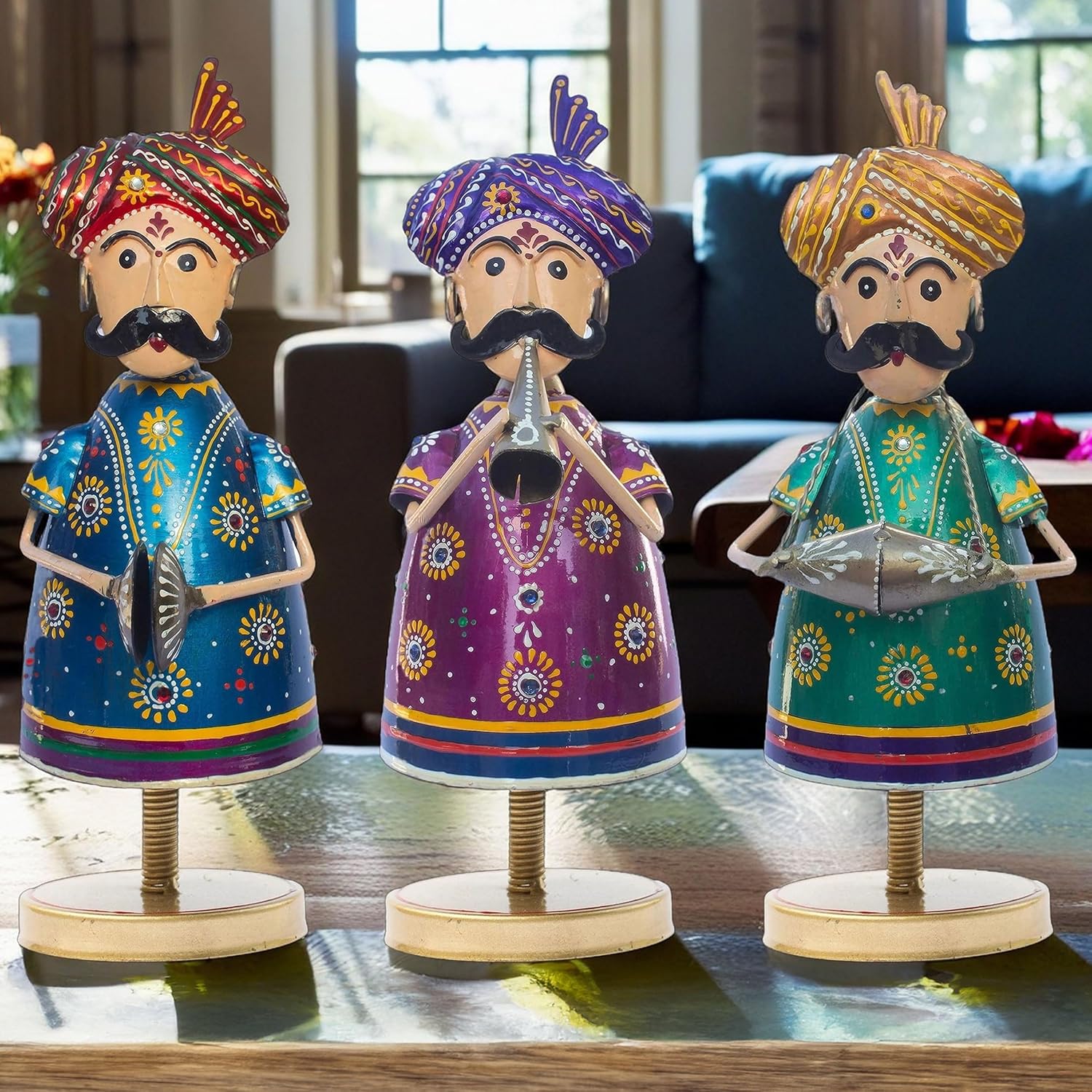 Handcrafted Trio of Mota Bhai Musicians Iron Figurine Traditional Home Decor Showpiece Set for Living Room, Office, Festivities, Music Lovers (Tabletop 1) — photo — 3 of 7