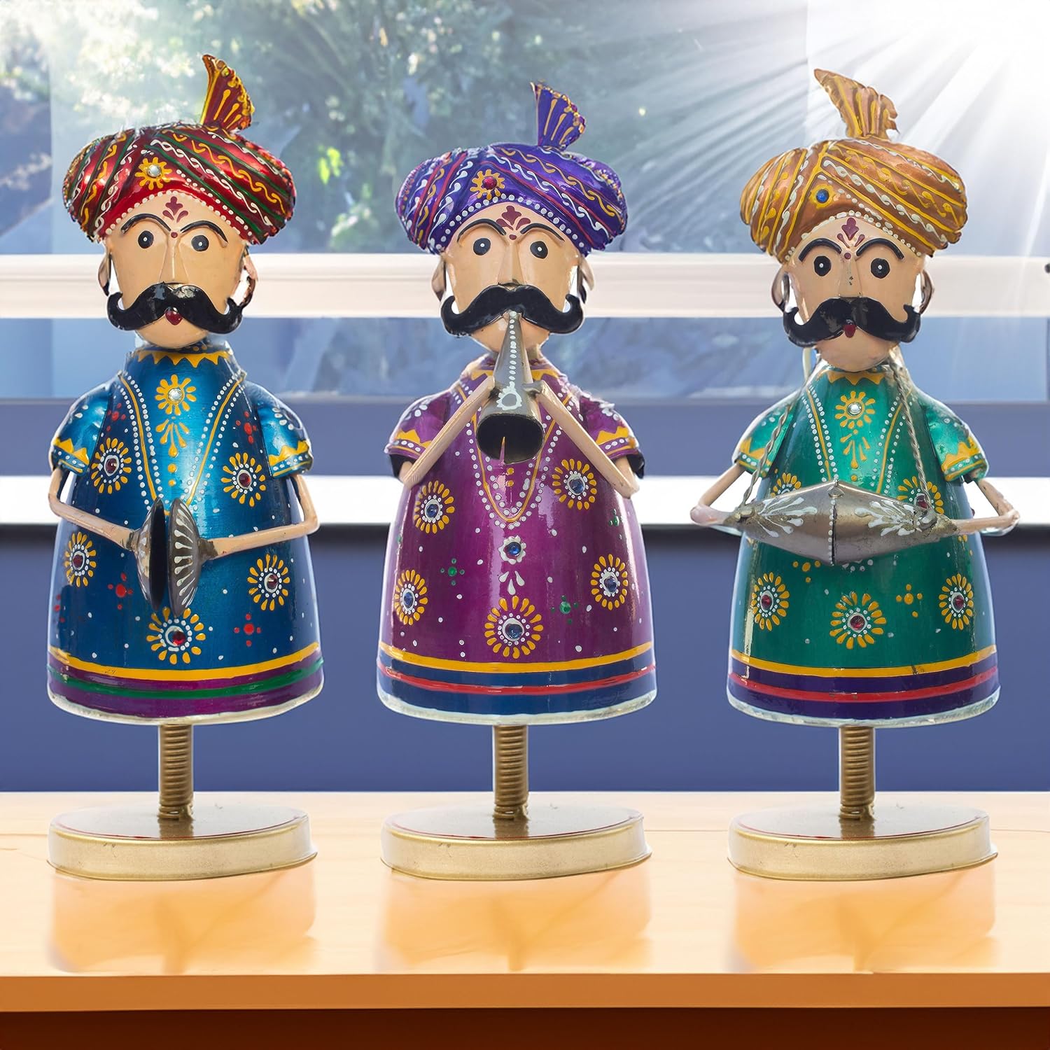 Handcrafted Trio of Mota Bhai Musicians Iron Figurine Traditional Home Decor Showpiece Set for Living Room, Office, Festivities, Music Lovers (Tabletop 1) — photo — 4 of 7