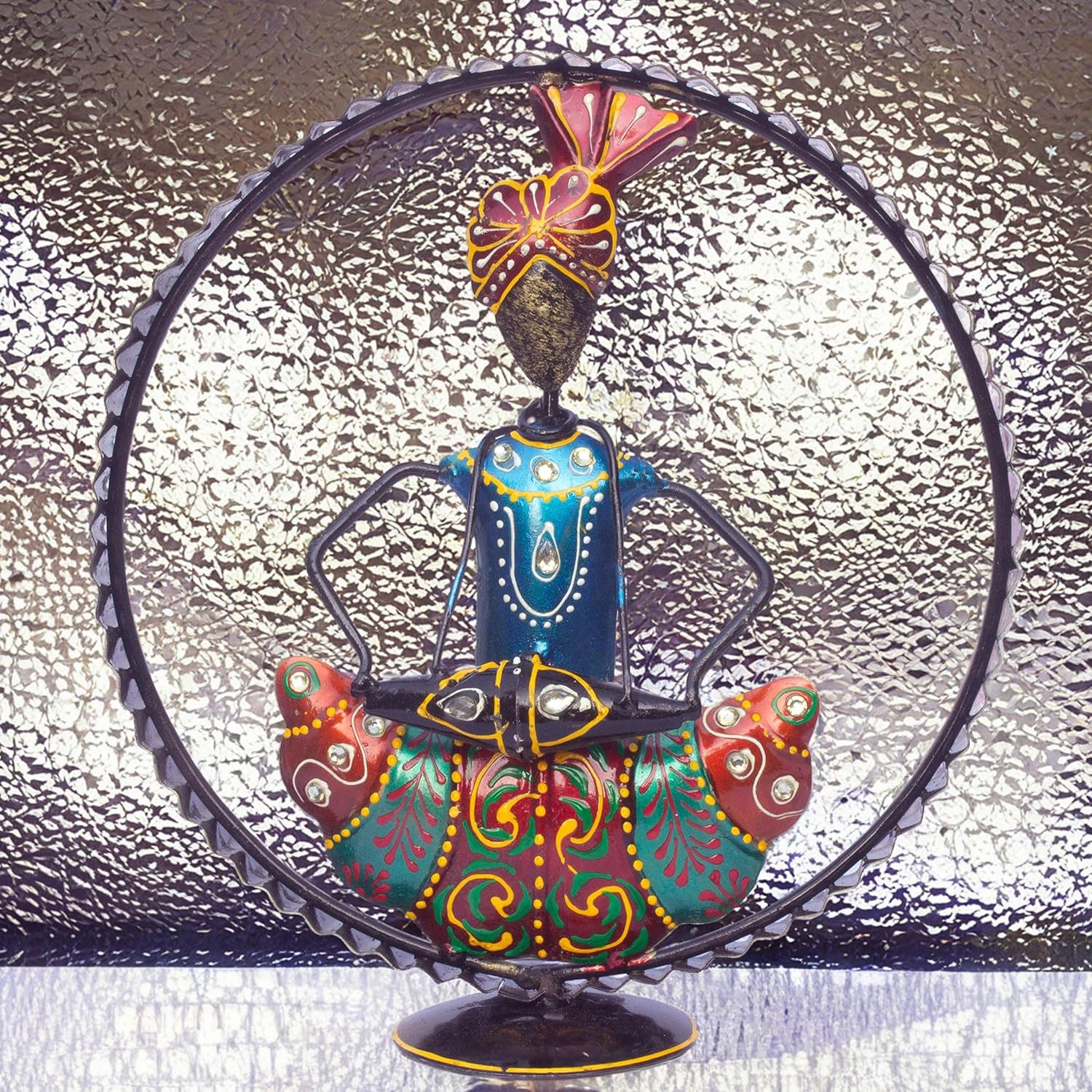 Ethnic Rajasthani Musicians Figurine Set - Iron Hand-Painted Home Decor - Ideal for Wedding, Anniversary & Housewarming Gifts - Vibrant Tabletop Wall Hanging Showcase (Framed) — photo — 6 of 9