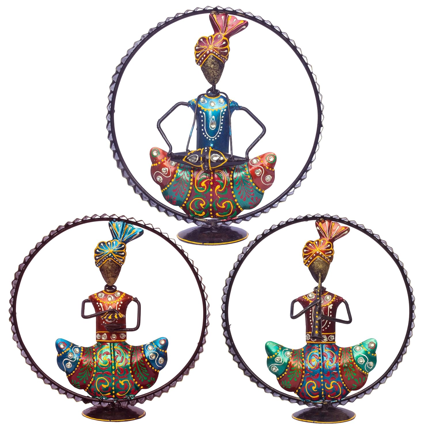 Ethnic Rajasthani Musicians Figurine Set - Iron Hand-Painted Home Decor - Ideal for Wedding, Anniversary & Housewarming Gifts - Vibrant Tabletop Wall Hanging Showcase (Framed)