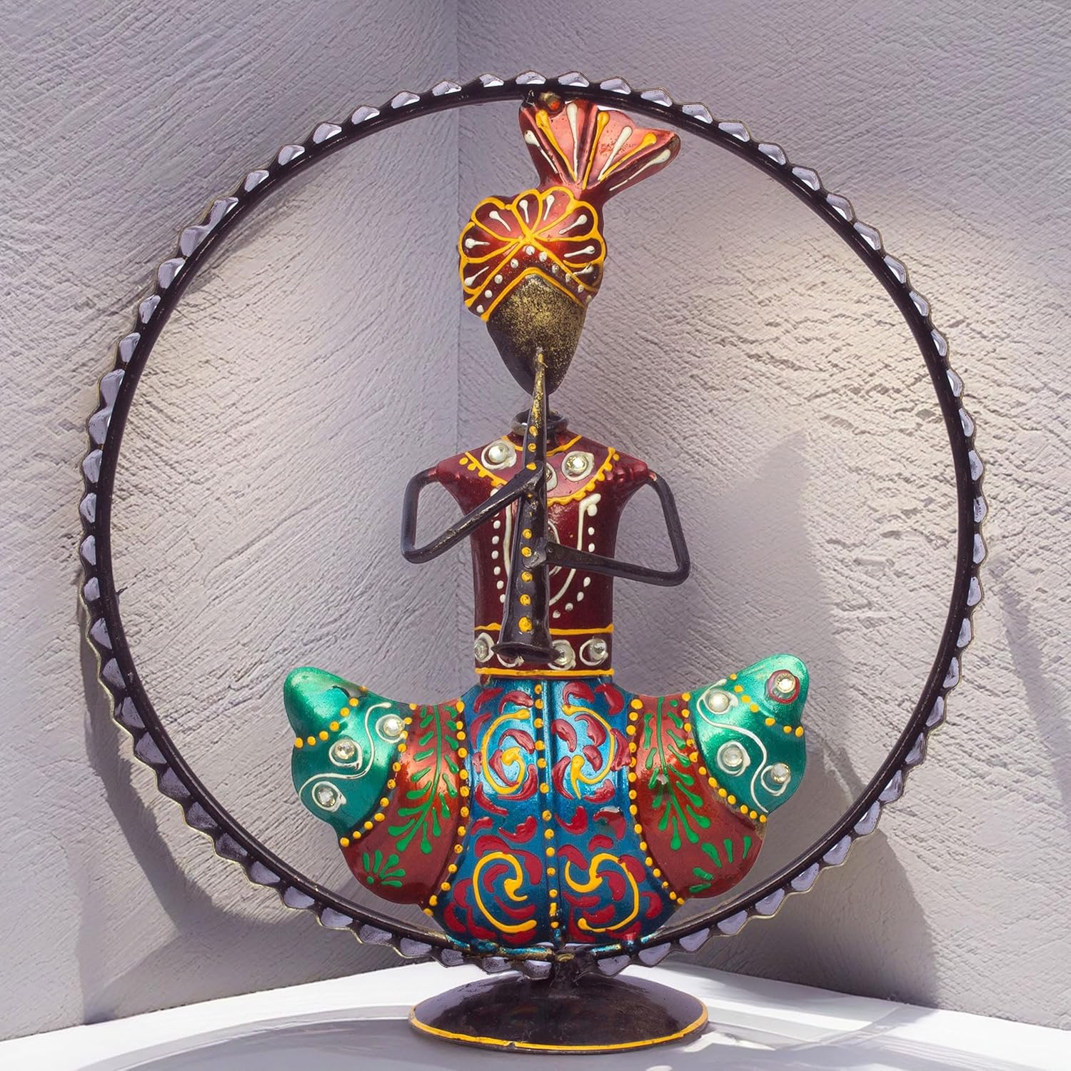 Ethnic Rajasthani Musicians Figurine Set - Iron Hand-Painted Home Decor - Ideal for Wedding, Anniversary & Housewarming Gifts - Vibrant Tabletop Wall Hanging Showcase (Framed) — photo — 5 of 9