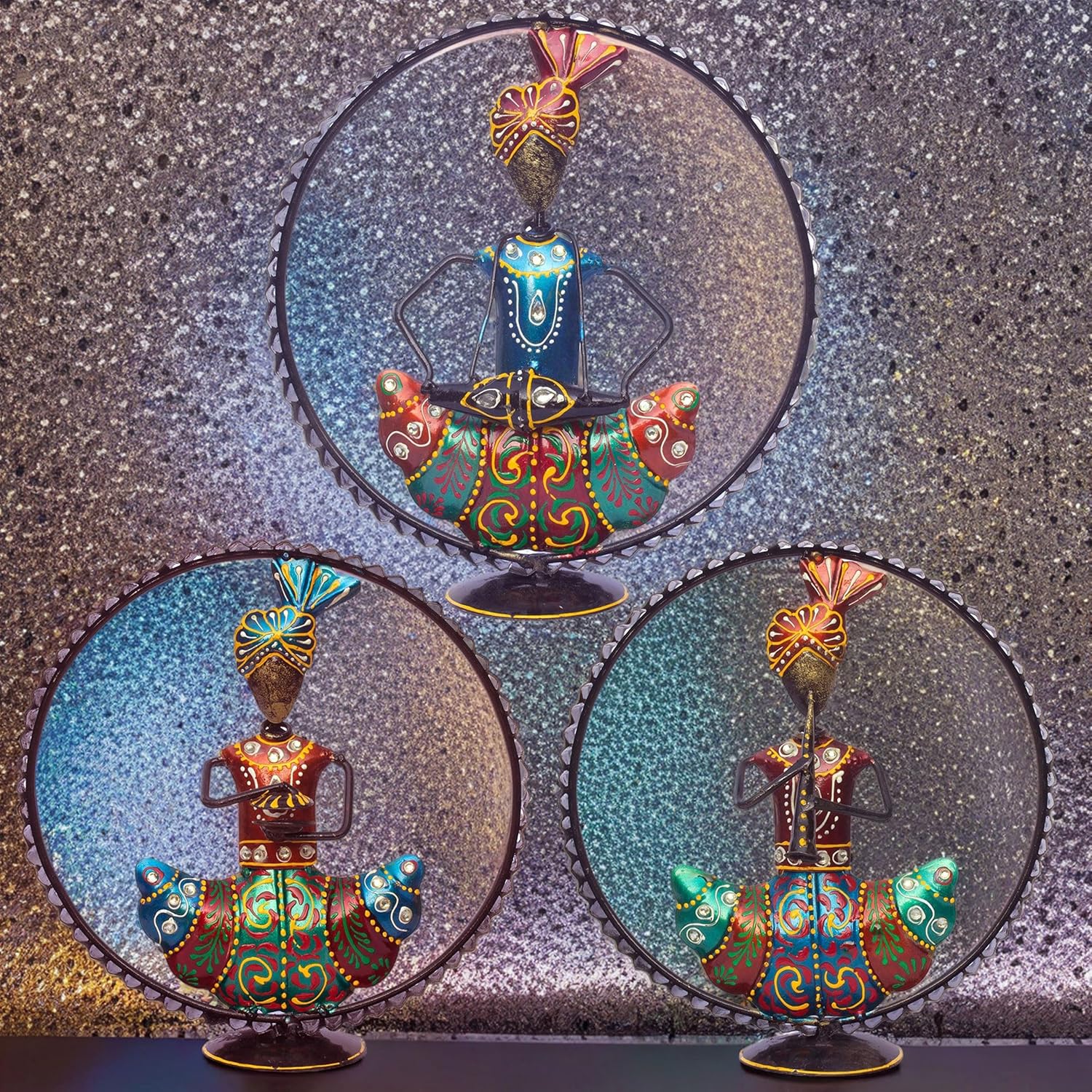 Ethnic Rajasthani Musicians Figurine Set - Iron Hand-Painted Home Decor - Ideal for Wedding, Anniversary & Housewarming Gifts - Vibrant Tabletop Wall Hanging Showcase (Framed) — photo — 3 of 9