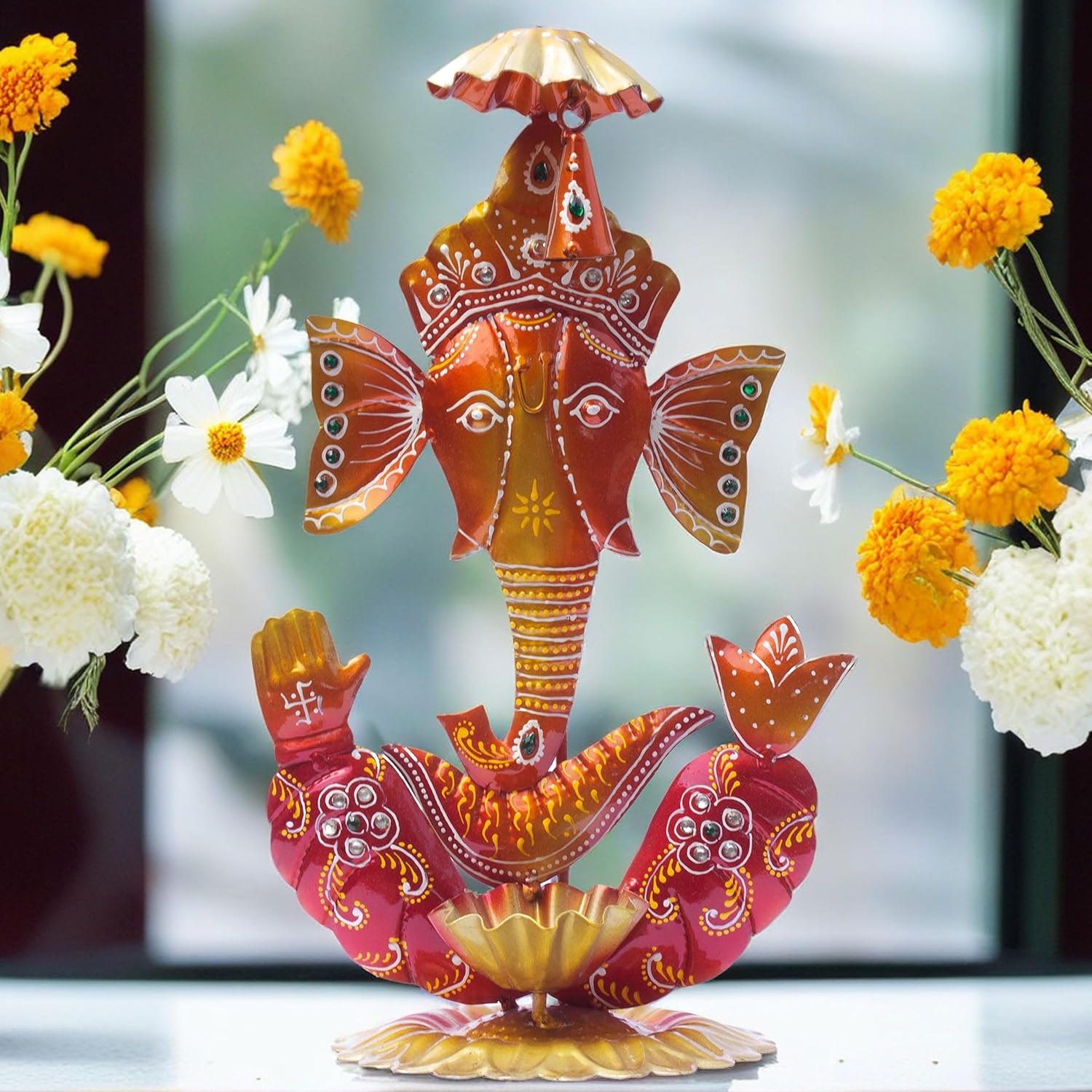 Ganesh Ghanti Diya TeaLight Candle Holder Tabletop Figurine Vibrant Metal Ganpati Statue with Mukut Showpiece for Living Room Home Decor, Home Temple, Diwali Gift (Ghanti Ganesh-NM) — photo — 3 of 9