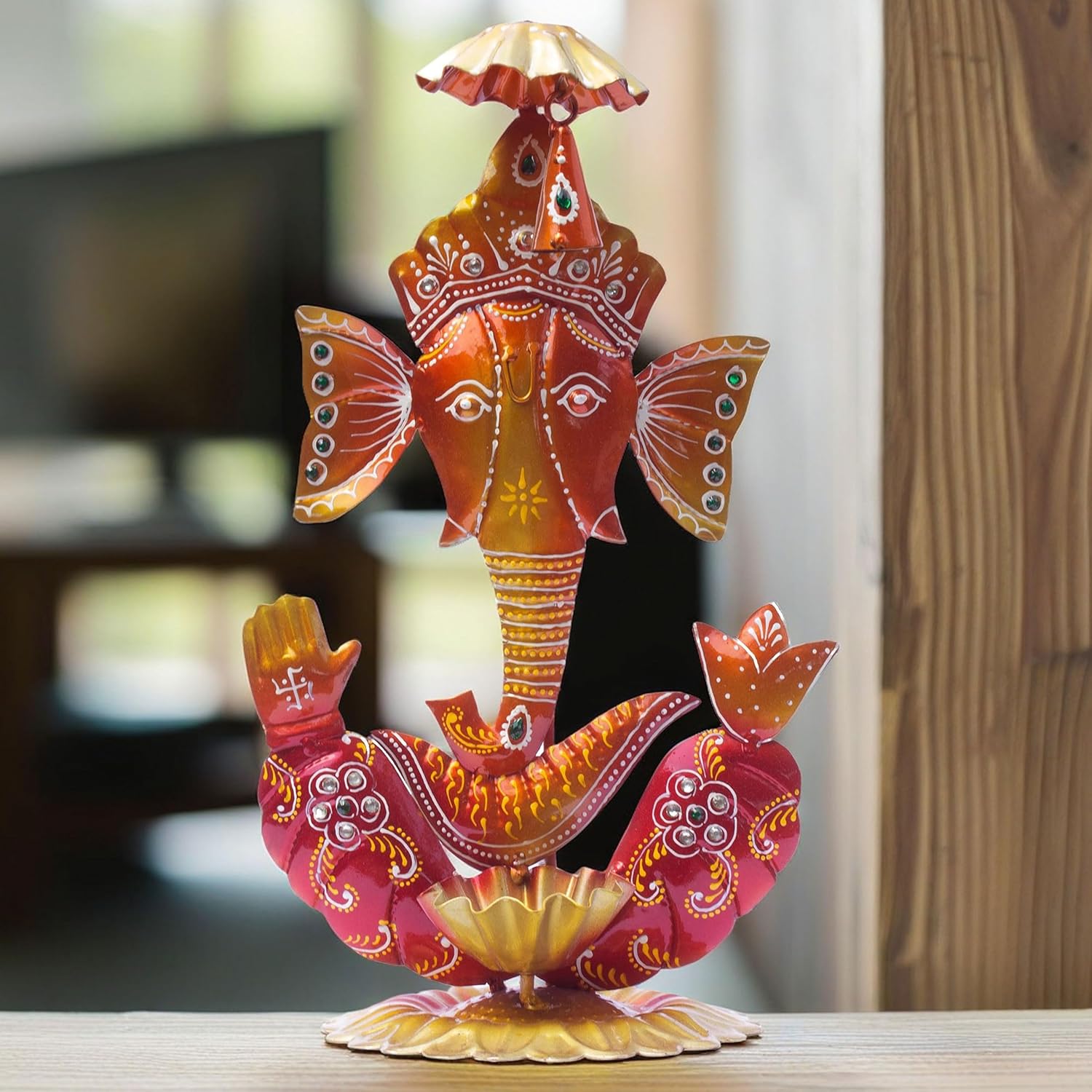 Ganesh Ghanti Diya TeaLight Candle Holder Tabletop Figurine Vibrant Metal Ganpati Statue with Mukut Showpiece for Living Room Home Decor, Home Temple, Diwali Gift (Ghanti Ganesh-NM) — photo — 9 of 9
