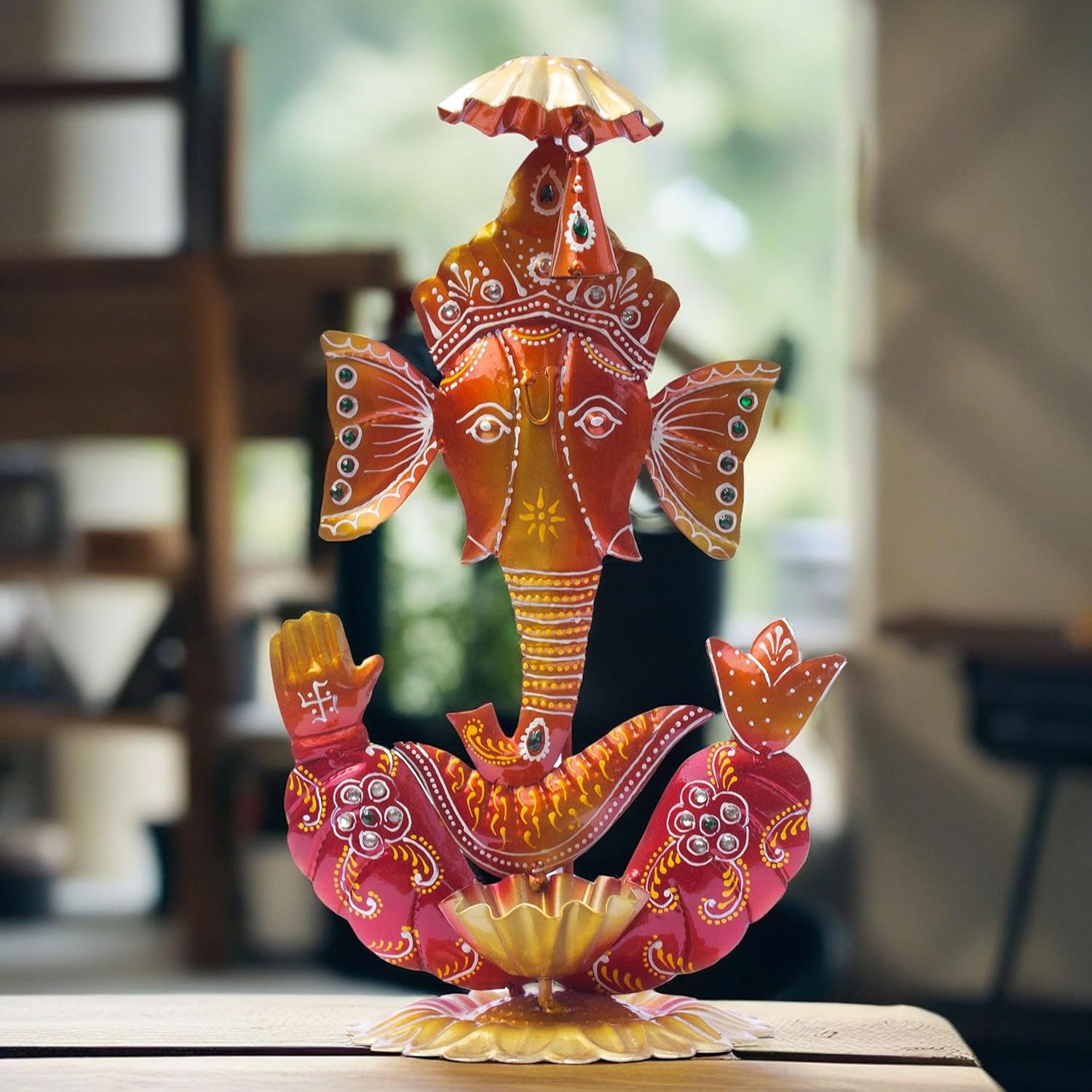 Ganesh Ghanti Diya TeaLight Candle Holder Tabletop Figurine Vibrant Metal Ganpati Statue with Mukut Showpiece for Living Room Home Decor, Home Temple, Diwali Gift (Ghanti Ganesh-NM) — photo — 2 of 9