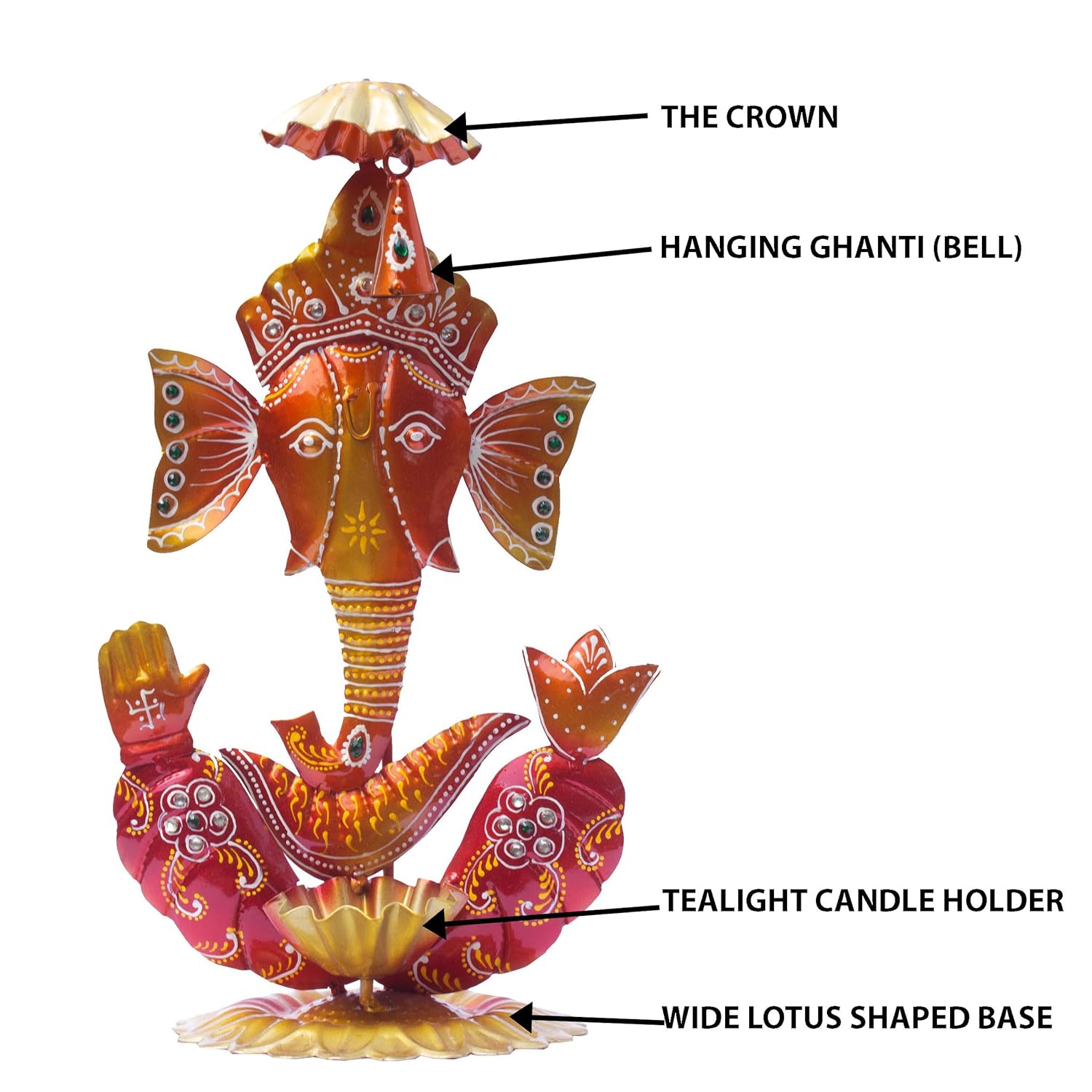Ganesh Ghanti Diya TeaLight Candle Holder Tabletop Figurine Vibrant Metal Ganpati Statue with Mukut Showpiece for Living Room Home Decor, Home Temple, Diwali Gift (Ghanti Ganesh-NM) — photo — 5 of 9