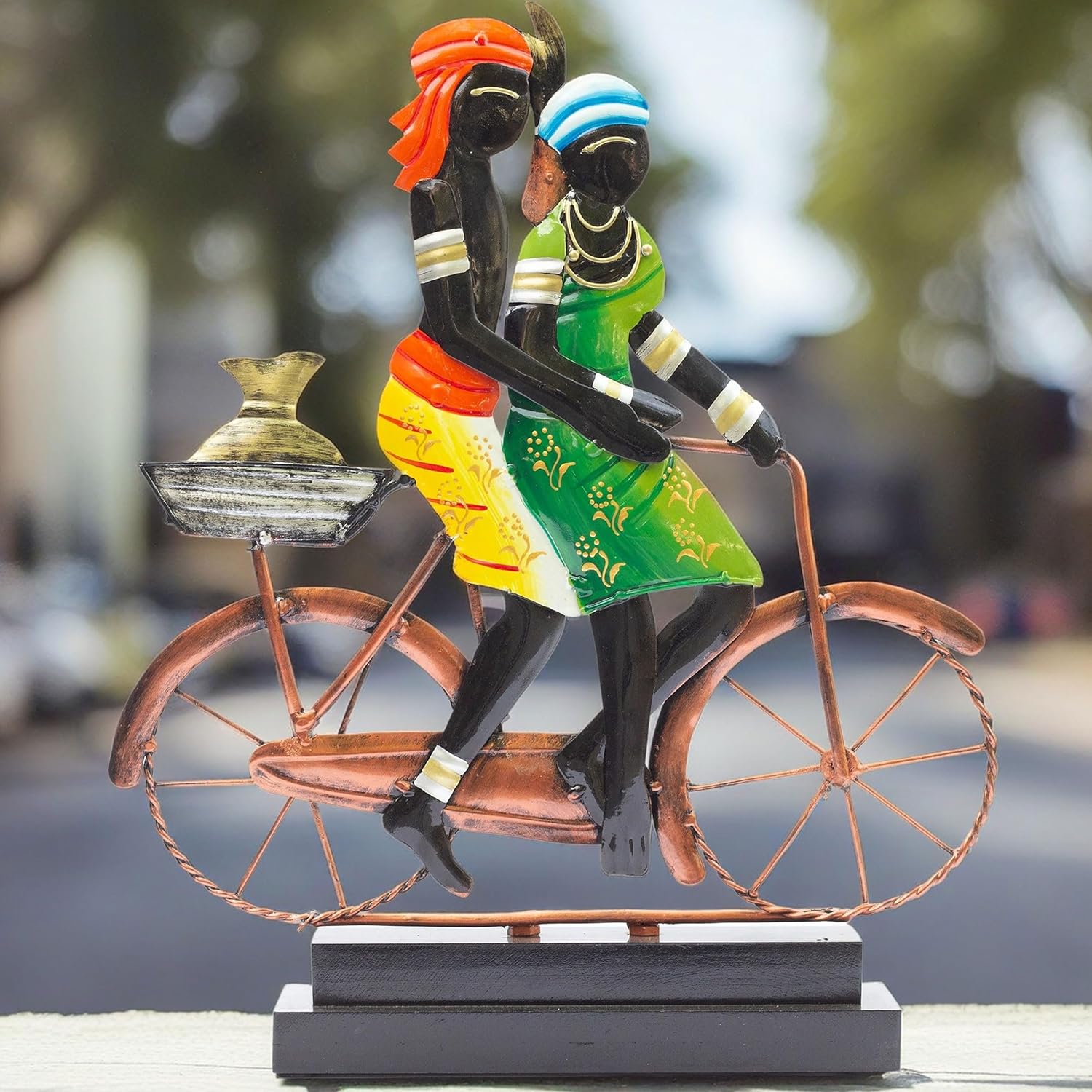 Handcrafted Ethnic Tribal Bicycle Couple Showpiece - 16x13 Inch Tribal Home Décor with Wooden Base for Housewarming, Anniversaries, Weddings, and Corporate Events (Bicycle) — photo — 3 of 7