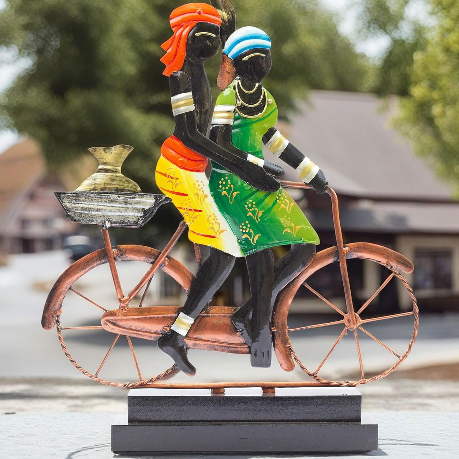 Handcrafted Ethnic Tribal Bicycle Couple Showpiece - 16x13 Inch Tribal Home Décor with Wooden Base for Housewarming, Anniversaries, Weddings, and Corporate Events (Bicycle)