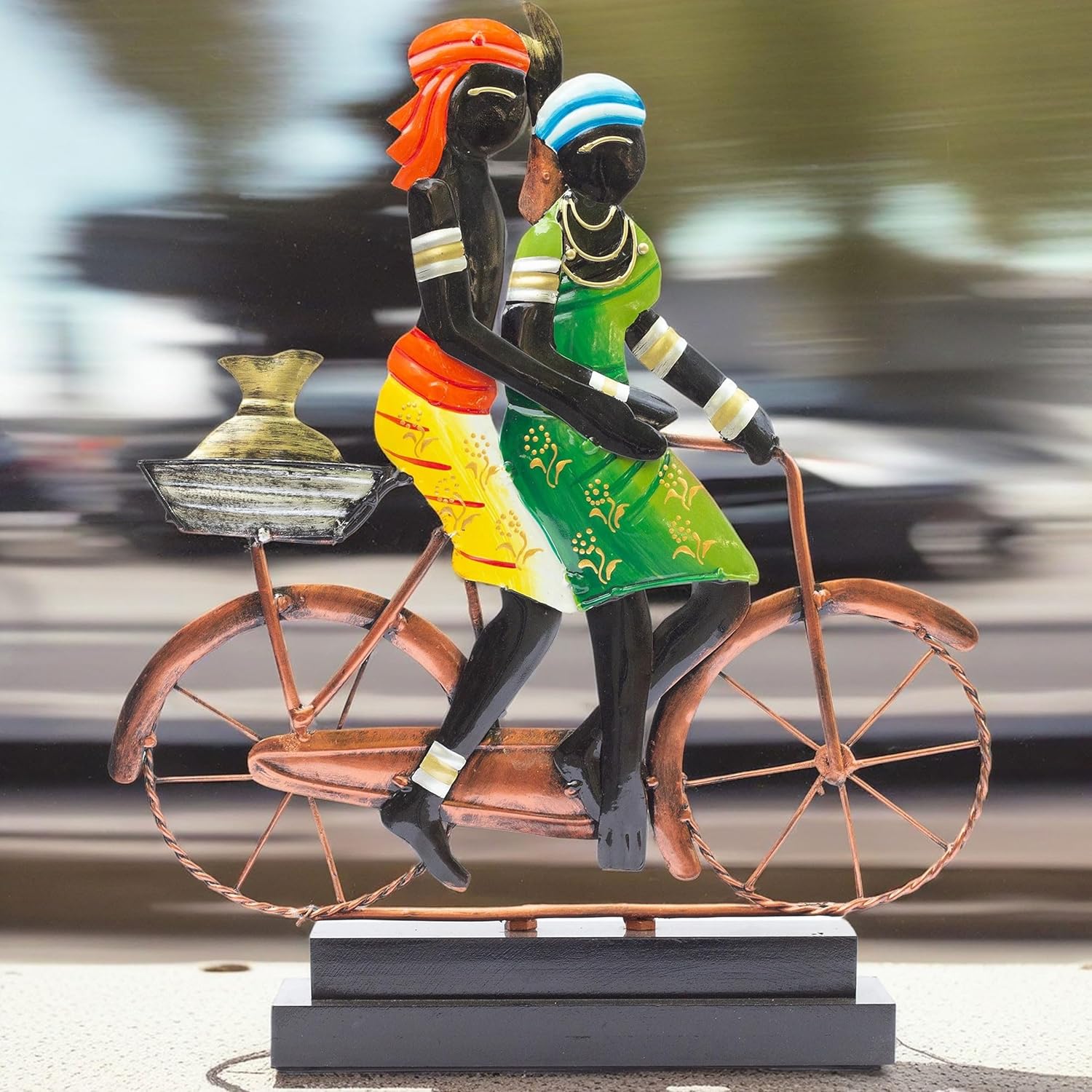 Handcrafted Ethnic Tribal Bicycle Couple Showpiece - 16x13 Inch Tribal Home Décor with Wooden Base for Housewarming, Anniversaries, Weddings, and Corporate Events (Bicycle) — photo — 6 of 7
