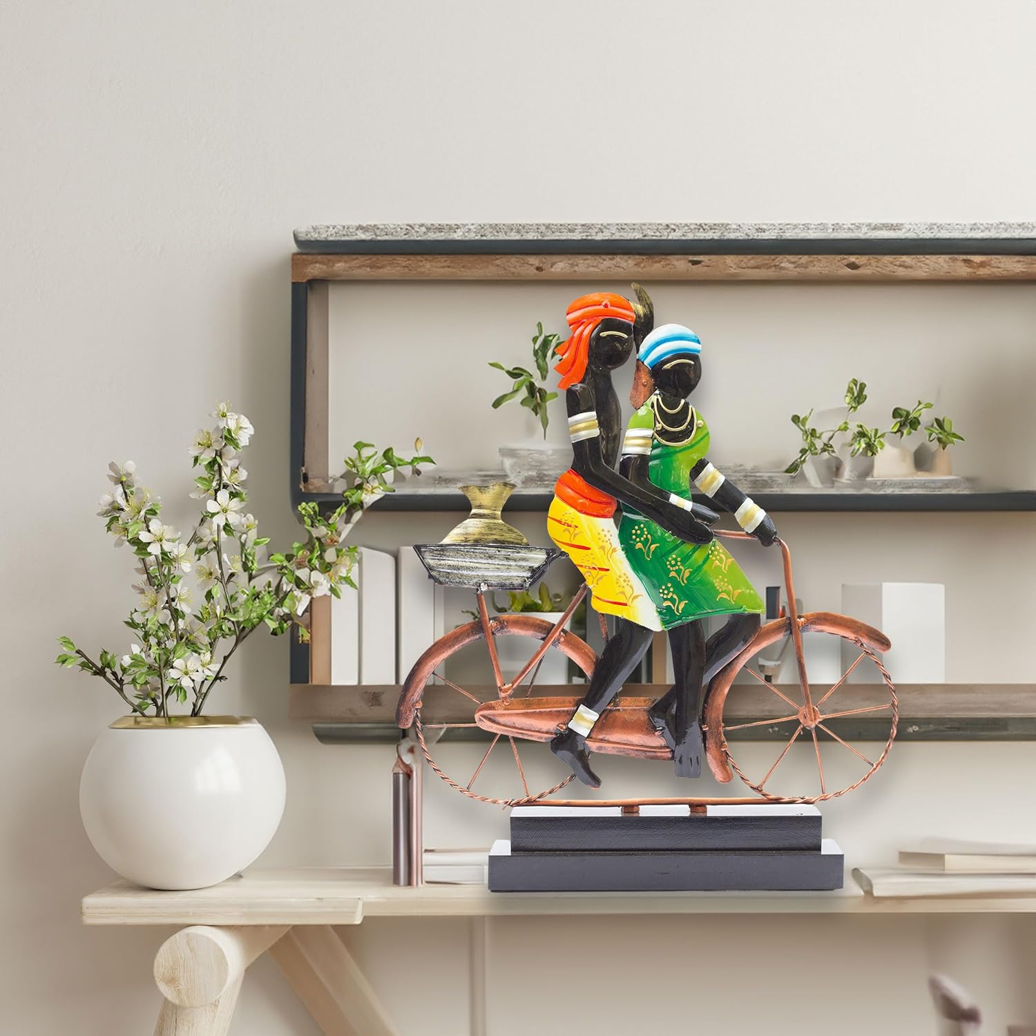 Handcrafted Ethnic Tribal Bicycle Couple Showpiece - 16x13 Inch Tribal Home Décor with Wooden Base for Housewarming, Anniversaries, Weddings, and Corporate Events (Bicycle) — photo — 4 of 7