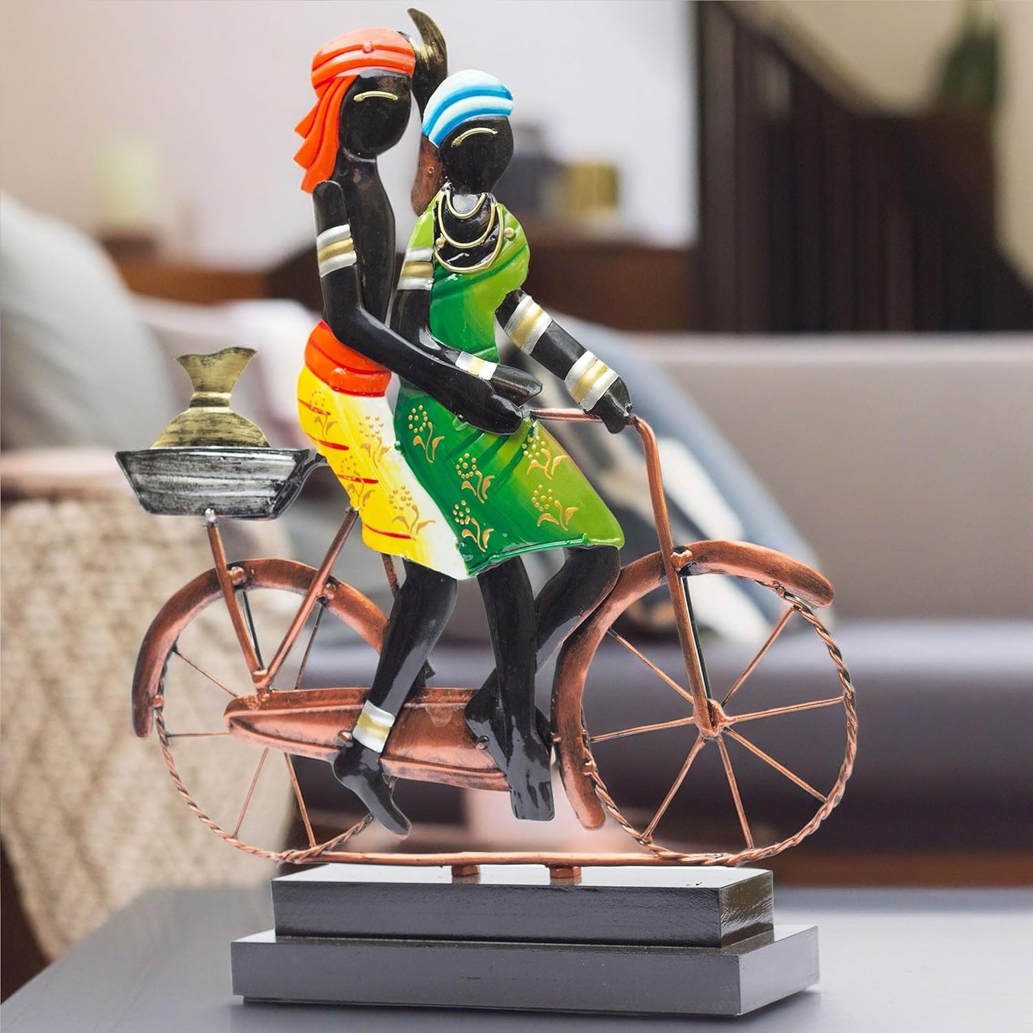 Handcrafted Ethnic Tribal Bicycle Couple Showpiece - 16x13 Inch Tribal Home Décor with Wooden Base for Housewarming, Anniversaries, Weddings, and Corporate Events (Bicycle) — photo — 7 of 7