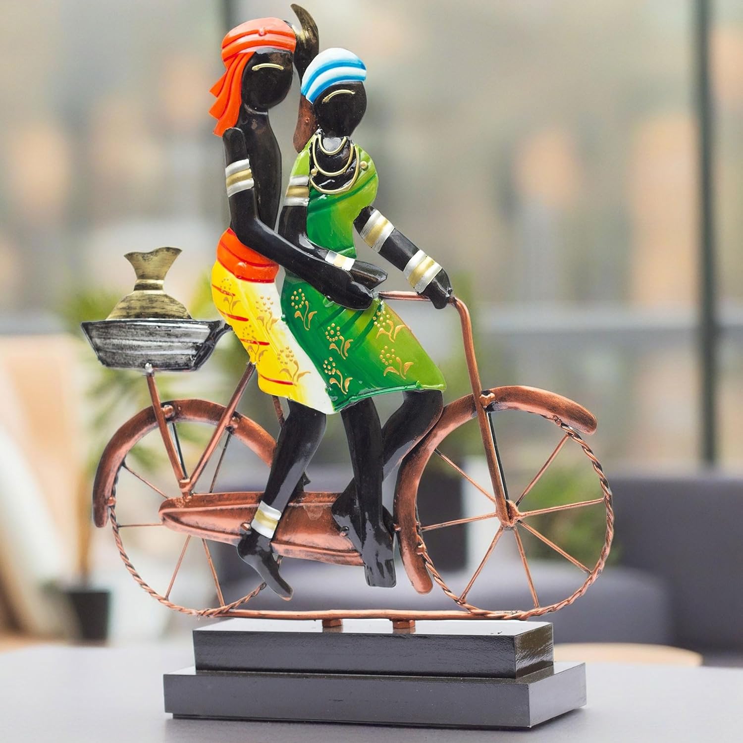 Handcrafted Ethnic Tribal Bicycle Couple Showpiece - 16x13 Inch Tribal Home Décor with Wooden Base for Housewarming, Anniversaries, Weddings, and Corporate Events (Bicycle) — photo — 2 of 7