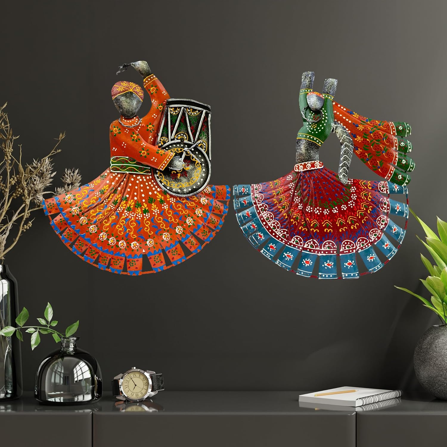 Handcrafted Ghoomar Dancer Wall Decor Metal Showpieces – Traditional Handpainted Art for Living Room, Bedroom, Office – for Housewarming, Festivals, Weddings – 12x14 inch (Lehariya Dancers) — photo — 4 of 9