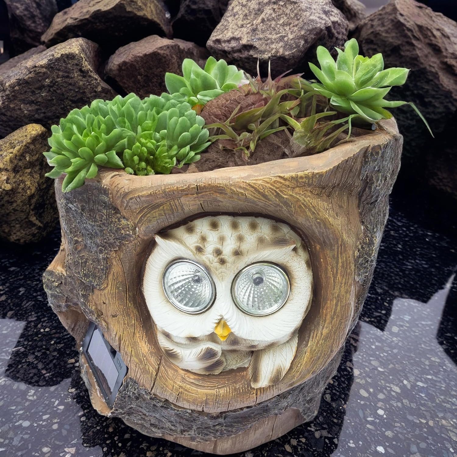Solar-Powered Owl 6" Flower Pot – Indoor/Outdoor Plant Holder with LED Eyes, Weather-Resistant Decorative Showpiece for Garden, Patio, Tree Branch, Succulent Planter, Unique Gift (Owl)