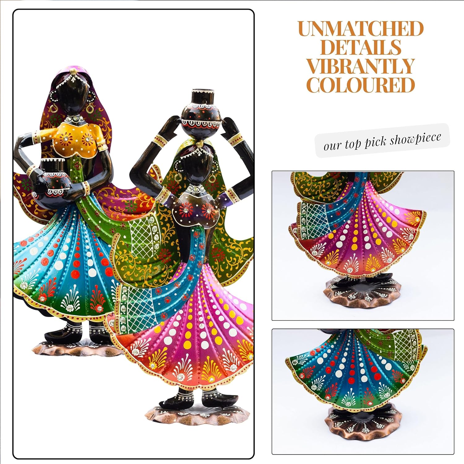Handcrafted Rajasthani Ethnic Village Girl Dolls Figurine - Set of 2 | Vibrant 16" Metal Showpiece for Home Decor | Ideal Gift for Housewarming, Weddings, Diwali — photo — 4 of 8