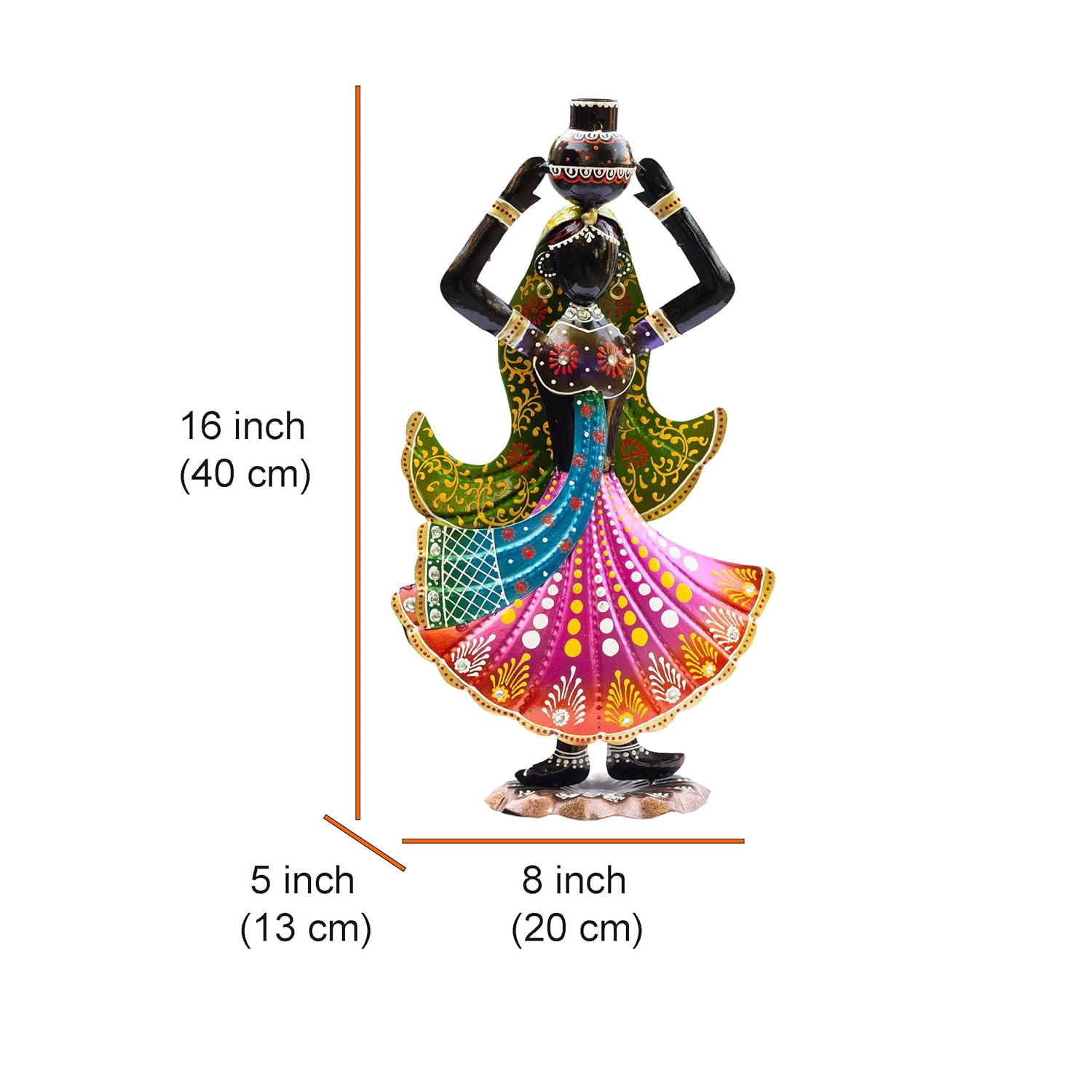 Handcrafted Rajasthani Ethnic Village Girl Dolls Figurine - Set of 2 | Vibrant 16" Metal Showpiece for Home Decor | Ideal Gift for Housewarming, Weddings, Diwali — photo — 6 of 8