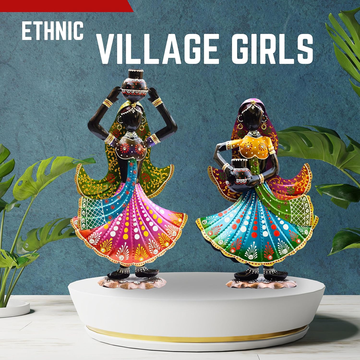 Handcrafted Rajasthani Ethnic Village Girl Dolls Figurine - Set of 2 | Vibrant 16" Metal Showpiece for Home Decor | Ideal Gift for Housewarming, Weddings, Diwali — photo — 8 of 8