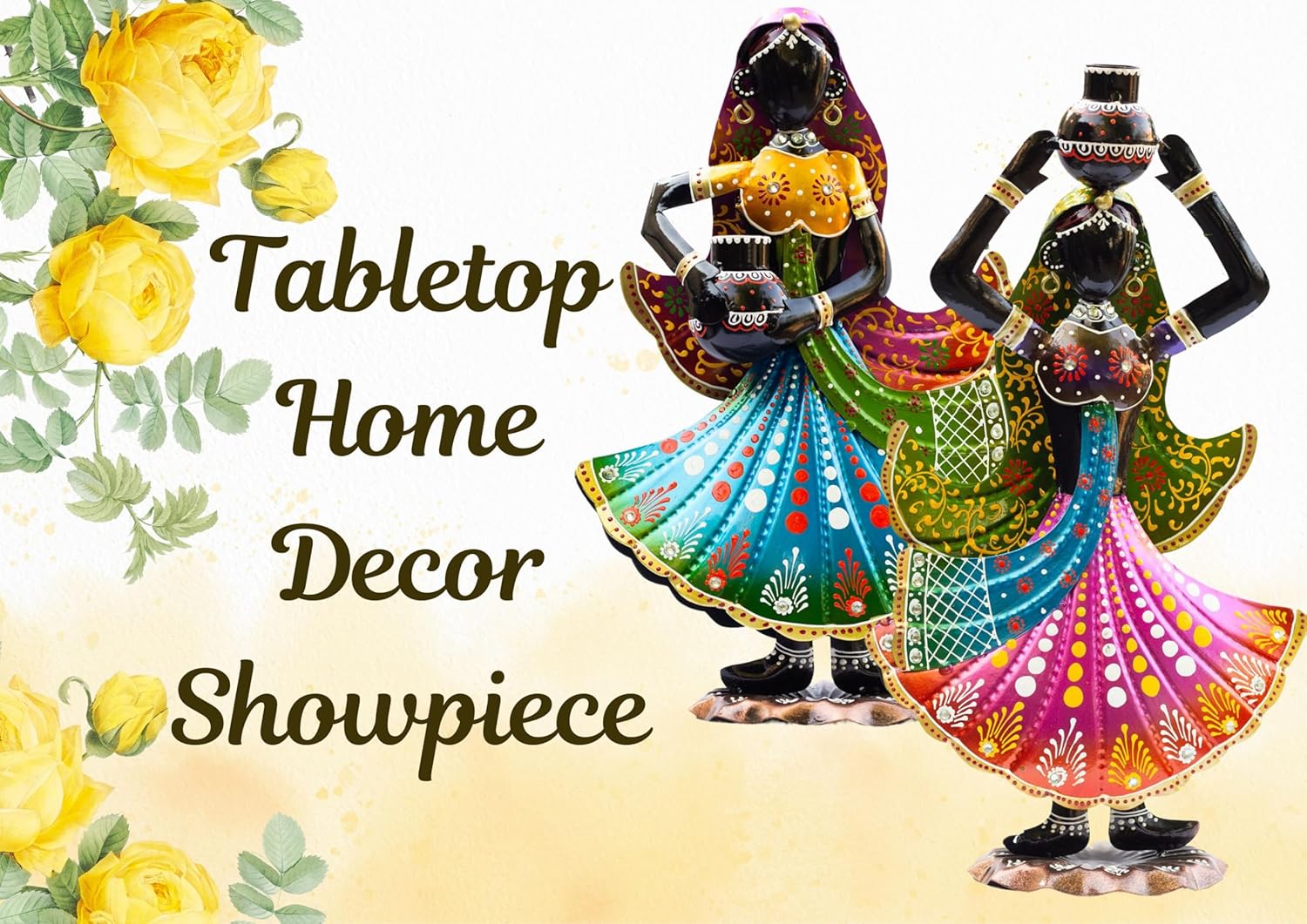 Handcrafted Rajasthani Ethnic Village Girl Dolls Figurine - Set of 2 | Vibrant 16" Metal Showpiece for Home Decor | Ideal Gift for Housewarming, Weddings, Diwali — photo — 5 of 8