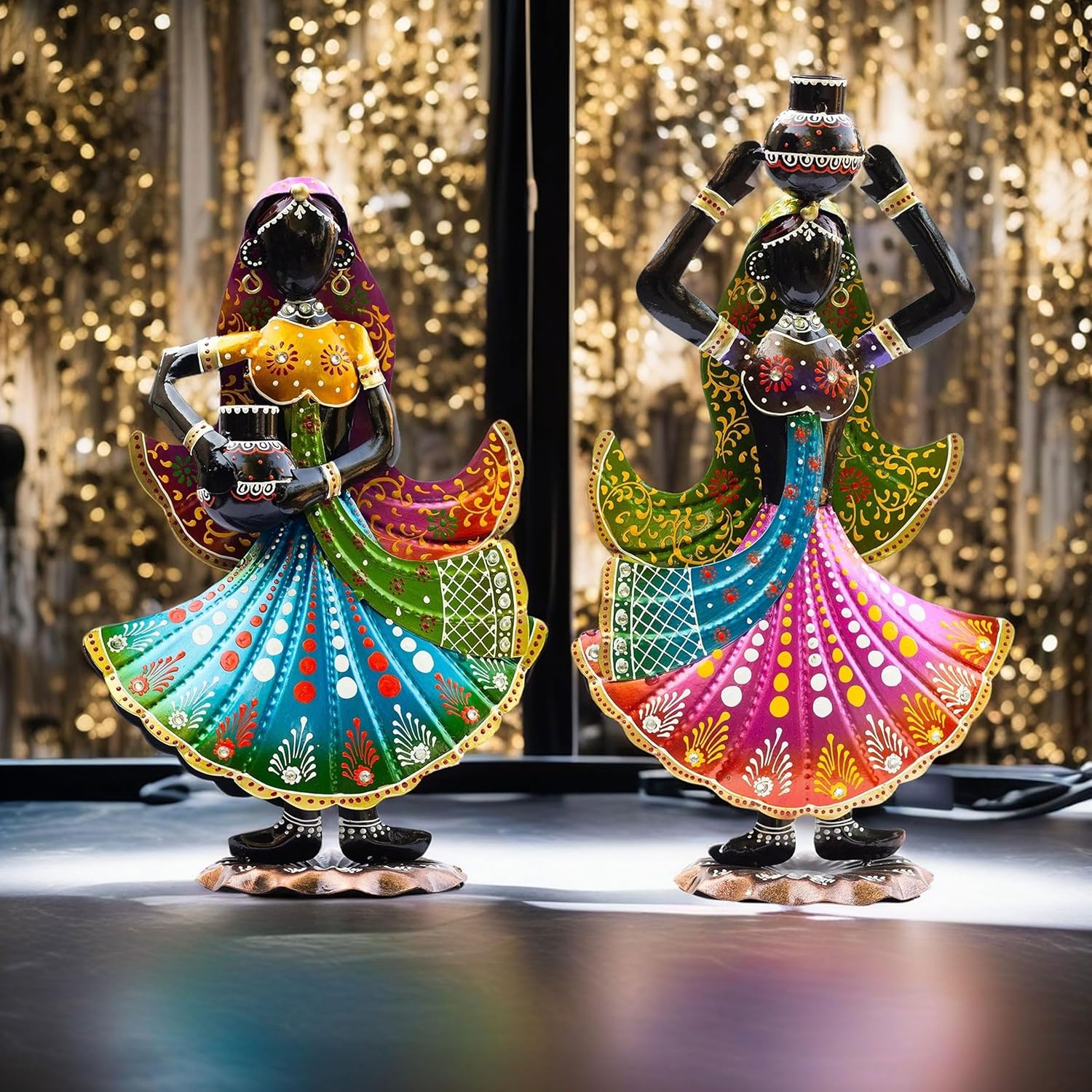 Handcrafted Rajasthani Ethnic Village Girl Dolls Figurine - Set of 2 | Vibrant 16" Metal Showpiece for Home Decor | Ideal Gift for Housewarming, Weddings, Diwali — photo — 3 of 8