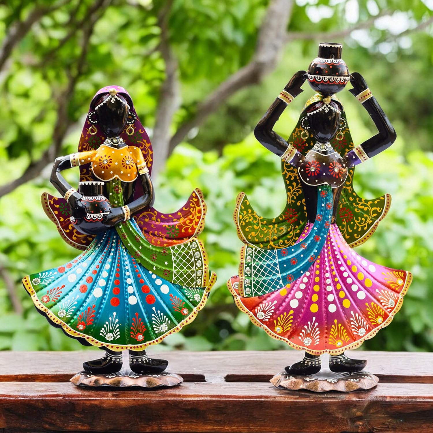Handcrafted Rajasthani Ethnic Village Girl Dolls Figurine - Set of 2 | Vibrant 16" Metal Showpiece for Home Decor | Ideal Gift for Housewarming, Weddings, Diwali — photo — 7 of 8