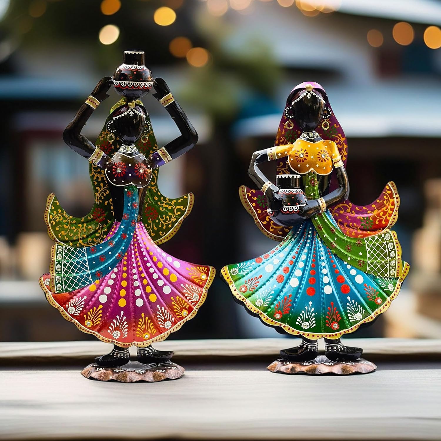 Handcrafted Rajasthani Ethnic Village Girl Dolls Figurine - Set of 2 | Vibrant 16" Metal Showpiece for Home Decor | Ideal Gift for Housewarming, Weddings, Diwali — photo — 2 of 8