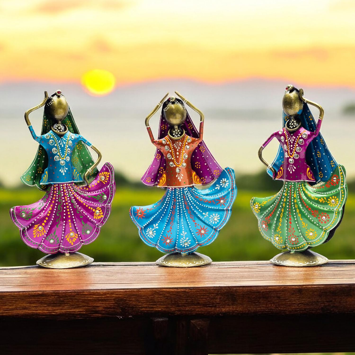 Set of 3 Metal Figurine Dancers Home Decor Item for Living Room, Bedroom, Wedding Festive Housewarming Gift Showpiece Rajasthani Dancing Dolls — photo — 6 of 7