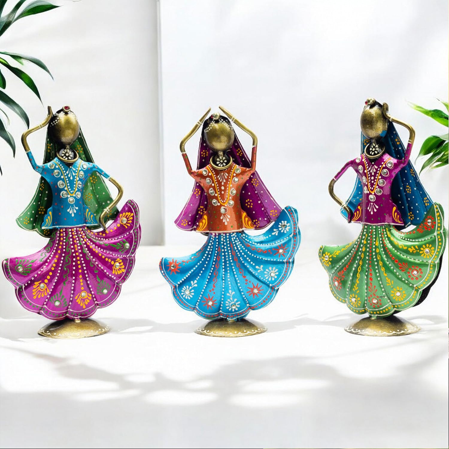 Set of 3 Metal Figurine Dancers Home Decor Item for Living Room, Bedroom, Wedding Festive Housewarming Gift Showpiece Rajasthani Dancing Dolls — photo — 2 of 7