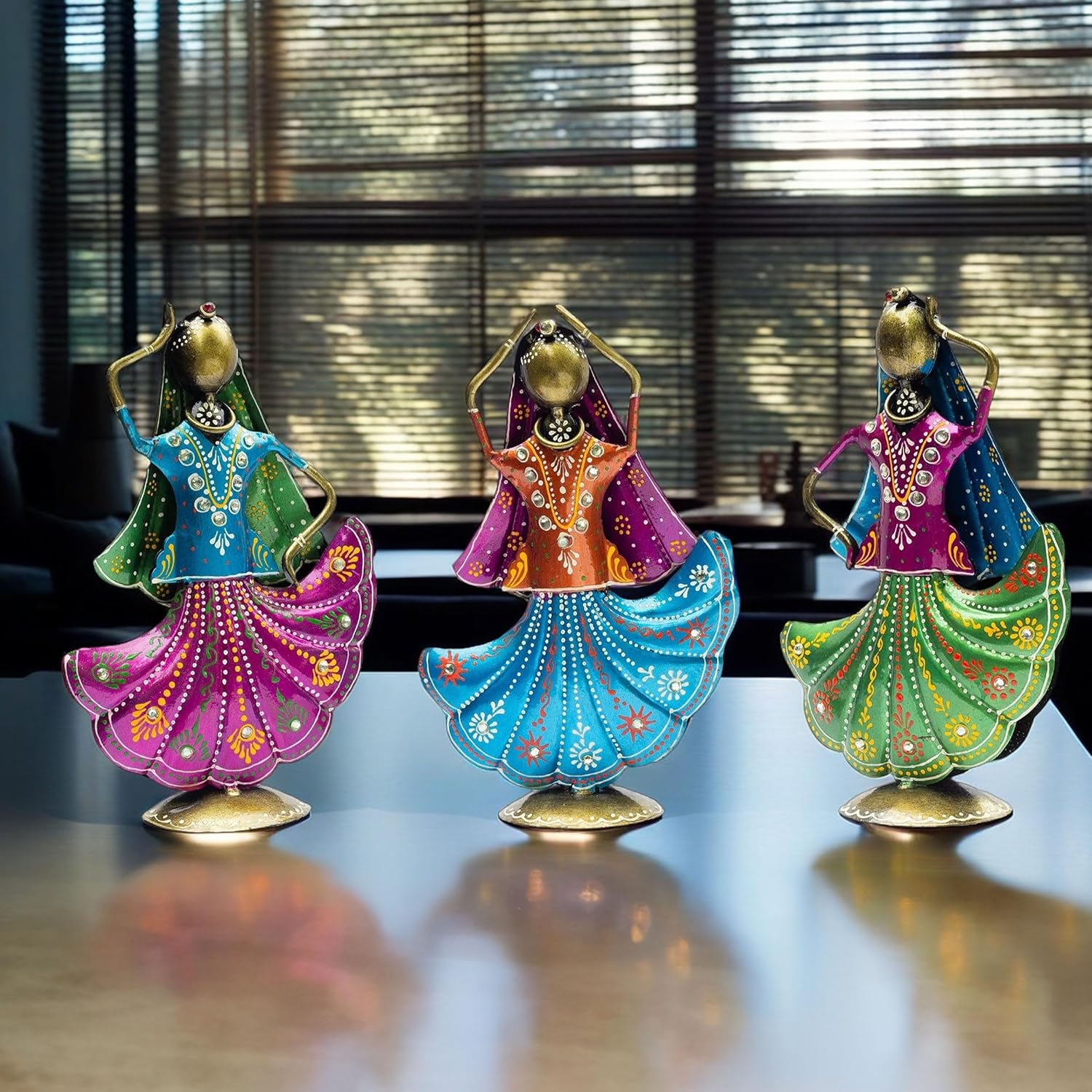 Set of 3 Metal Figurine Dancers Home Decor Item for Living Room, Bedroom, Wedding Festive Housewarming Gift Showpiece Rajasthani Dancing Dolls — photo — 4 of 7