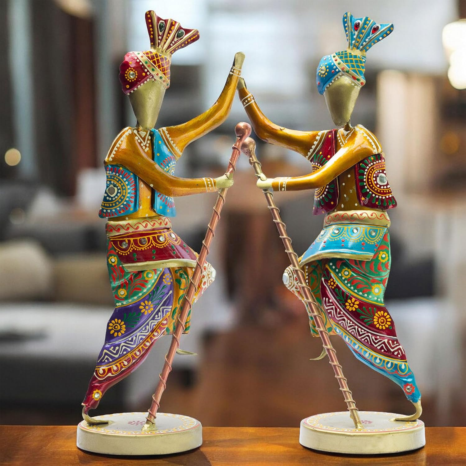 Handcrafted 14-Inch Bhangra Dancer Statues – Vibrant Punjabi Folk Dance Metal Showpiece Set for Traditional Indian Home Décor – Ethnic Festival Gift