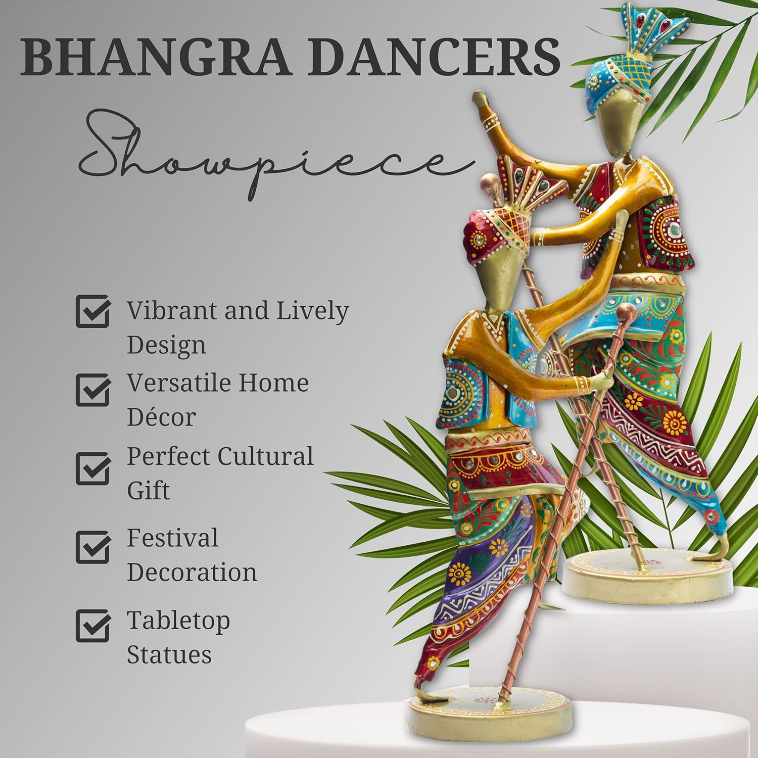 Handcrafted 14-Inch Bhangra Dancer Statues – Vibrant Punjabi Folk Dance Metal Showpiece Set for Traditional Indian Home Décor – Ethnic Festival Gift — photo — 3 of 7