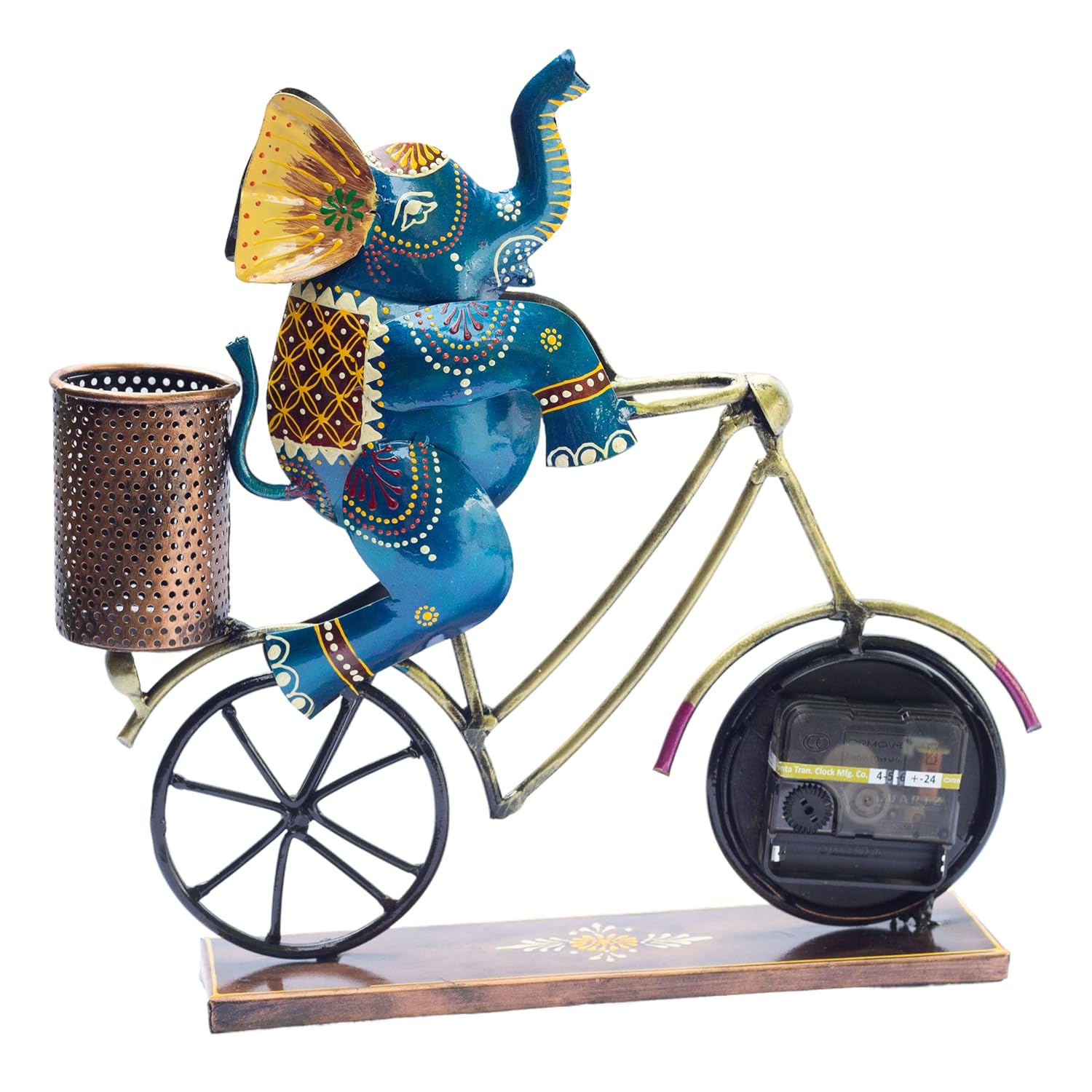 Handcrafted Vibrant Elephant Bicycle Desk Clock with Pen Holder – Unique Office Decor, Study Table Organizer, Home Accessory, Gift for Corporate Events, Birthdays, Festive Occasions (Jumbo) — photo — 7 of 7