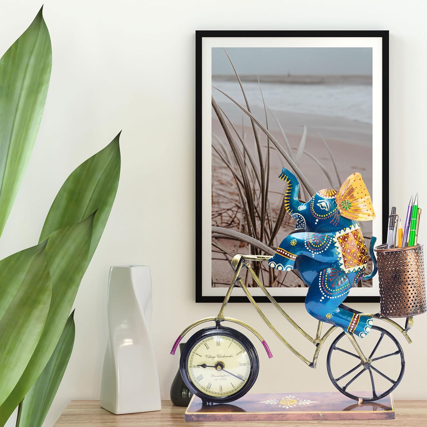 Handcrafted Vibrant Elephant Bicycle Desk Clock with Pen Holder – Unique Office Decor, Study Table Organizer, Home Accessory, Gift for Corporate Events, Birthdays, Festive Occasions (Jumbo) — photo — 6 of 7