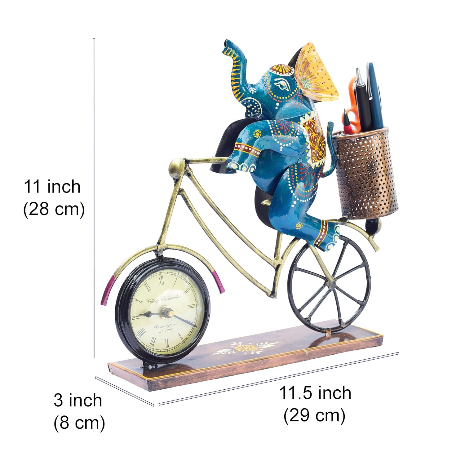 Handcrafted Vibrant Elephant Bicycle Desk Clock with Pen Holder – Unique Office Decor, Study Table Organizer, Home Accessory, Gift for Corporate Events, Birthdays, Festive Occasions (Jumbo) — photo — 5 of 7