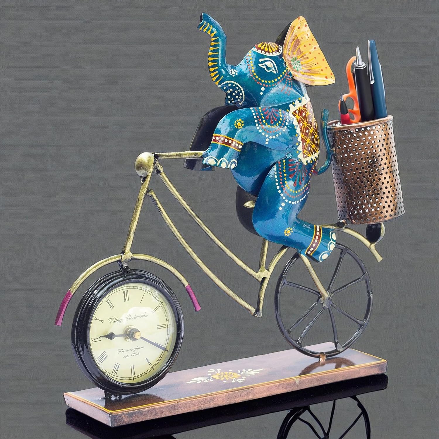 Handcrafted Vibrant Elephant Bicycle Desk Clock with Pen Holder – Unique Office Decor, Study Table Organizer, Home Accessory, Gift for Corporate Events, Birthdays, Festive Occasions (Jumbo) — photo — 3 of 7