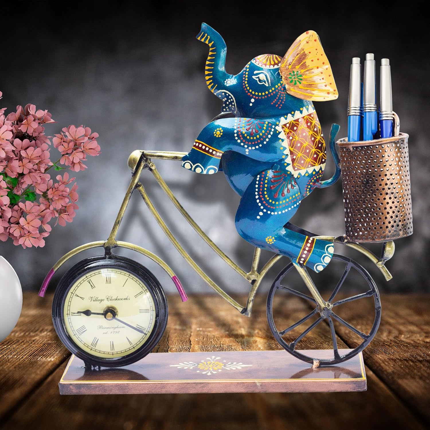 Handcrafted Vibrant Elephant Bicycle Desk Clock with Pen Holder – Unique Office Decor, Study Table Organizer, Home Accessory, Gift for Corporate Events, Birthdays, Festive Occasions (Jumbo)