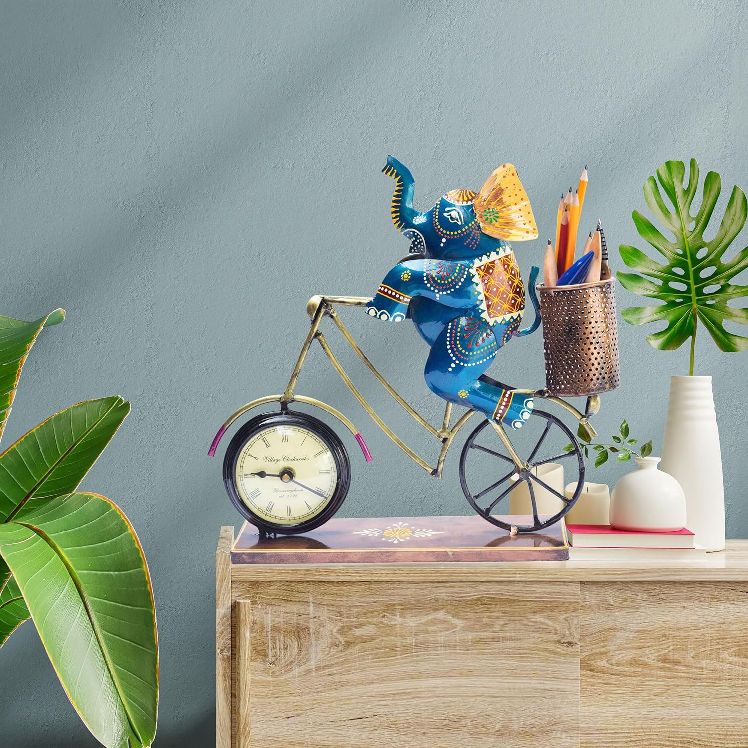 Handcrafted Vibrant Elephant Bicycle Desk Clock with Pen Holder – Unique Office Decor, Study Table Organizer, Home Accessory, Gift for Corporate Events, Birthdays, Festive Occasions (Jumbo) — photo — 2 of 7