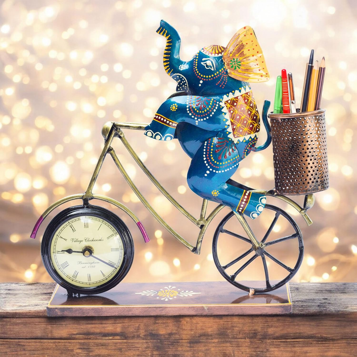 Handcrafted Vibrant Elephant Bicycle Desk Clock with Pen Holder – Unique Office Decor, Study Table Organizer, Home Accessory, Gift for Corporate Events, Birthdays, Festive Occasions (Jumbo) — photo — 4 of 7
