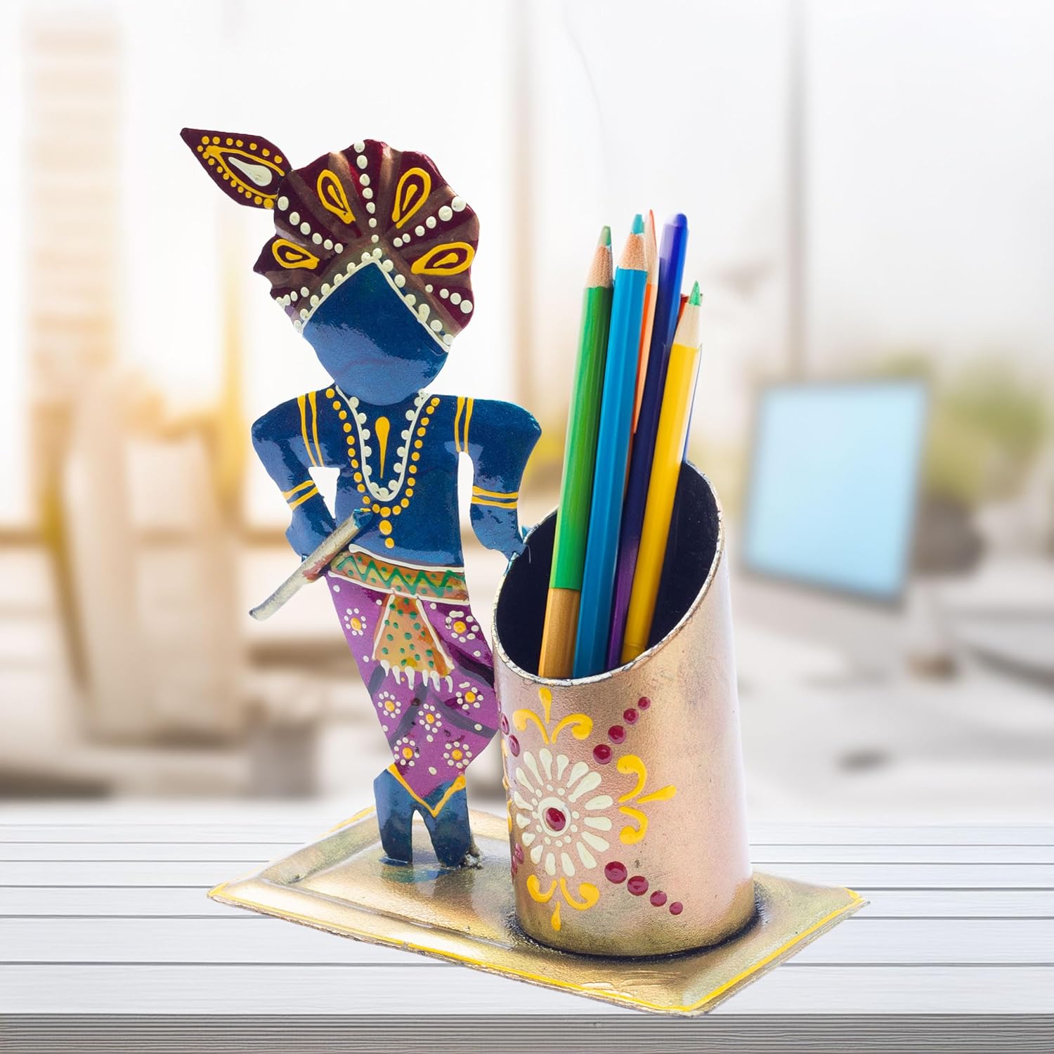 Study Table Office Desk Pen Stationery Holder Decorative Showpiece Pencil Stand for Home, Work Place (Gopala)