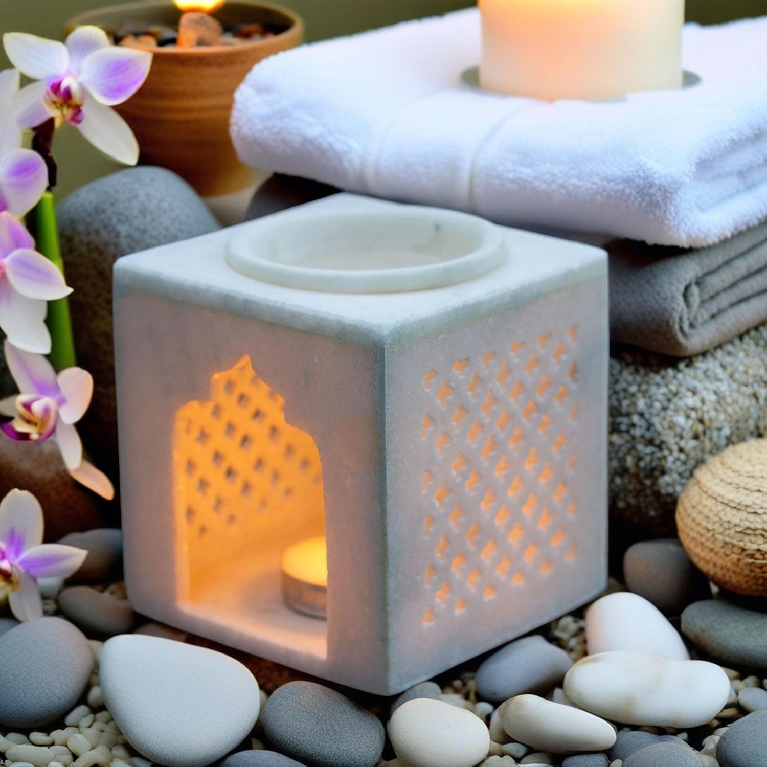 White Marble Aroma Diffuser - Essential Oil Burner, Camphor Fragrance Kapur Dani Vaporizer for Home, Office, Bathroom (White) — photo — 7 of 9