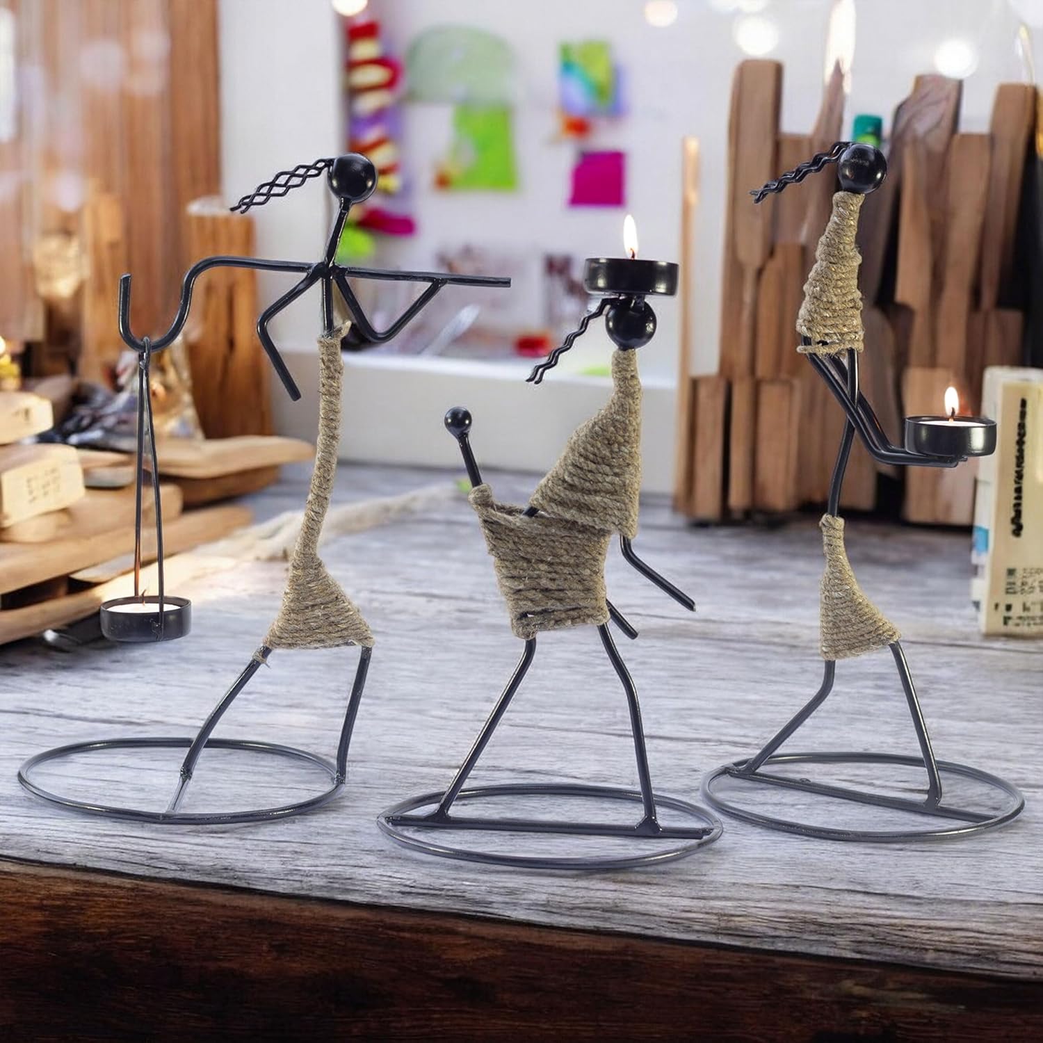 Iron Tealight Holder Set – Handcrafted Metal Worker Figurines with Jute Wrap, 12-Inch – Decorative Candle Holders for Home, Festivals, and Gifts — photo — 3 of 9