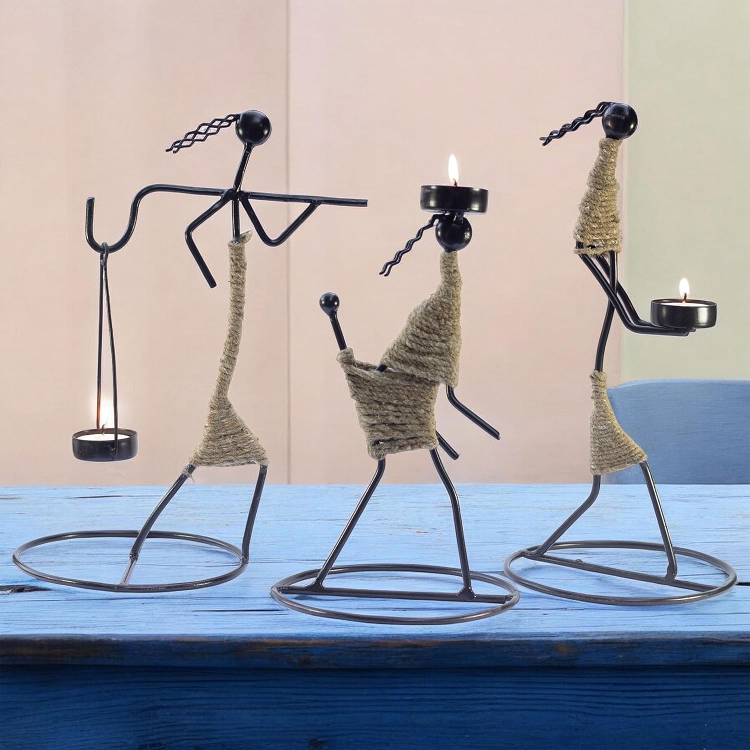 Iron Tealight Holder Set – Handcrafted Metal Worker Figurines with Jute Wrap, 12-Inch – Decorative Candle Holders for Home, Festivals, and Gifts — photo — 2 of 9