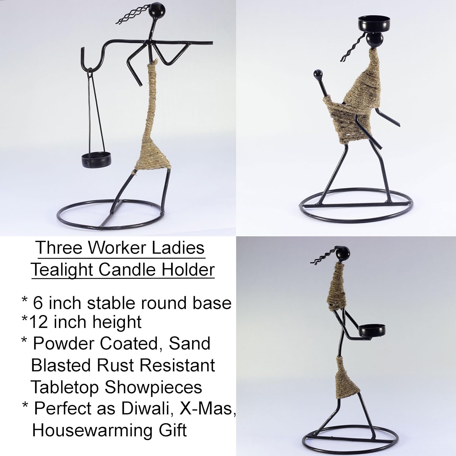 Iron Tealight Holder Set – Handcrafted Metal Worker Figurines with Jute Wrap, 12-Inch – Decorative Candle Holders for Home, Festivals, and Gifts — photo — 5 of 9